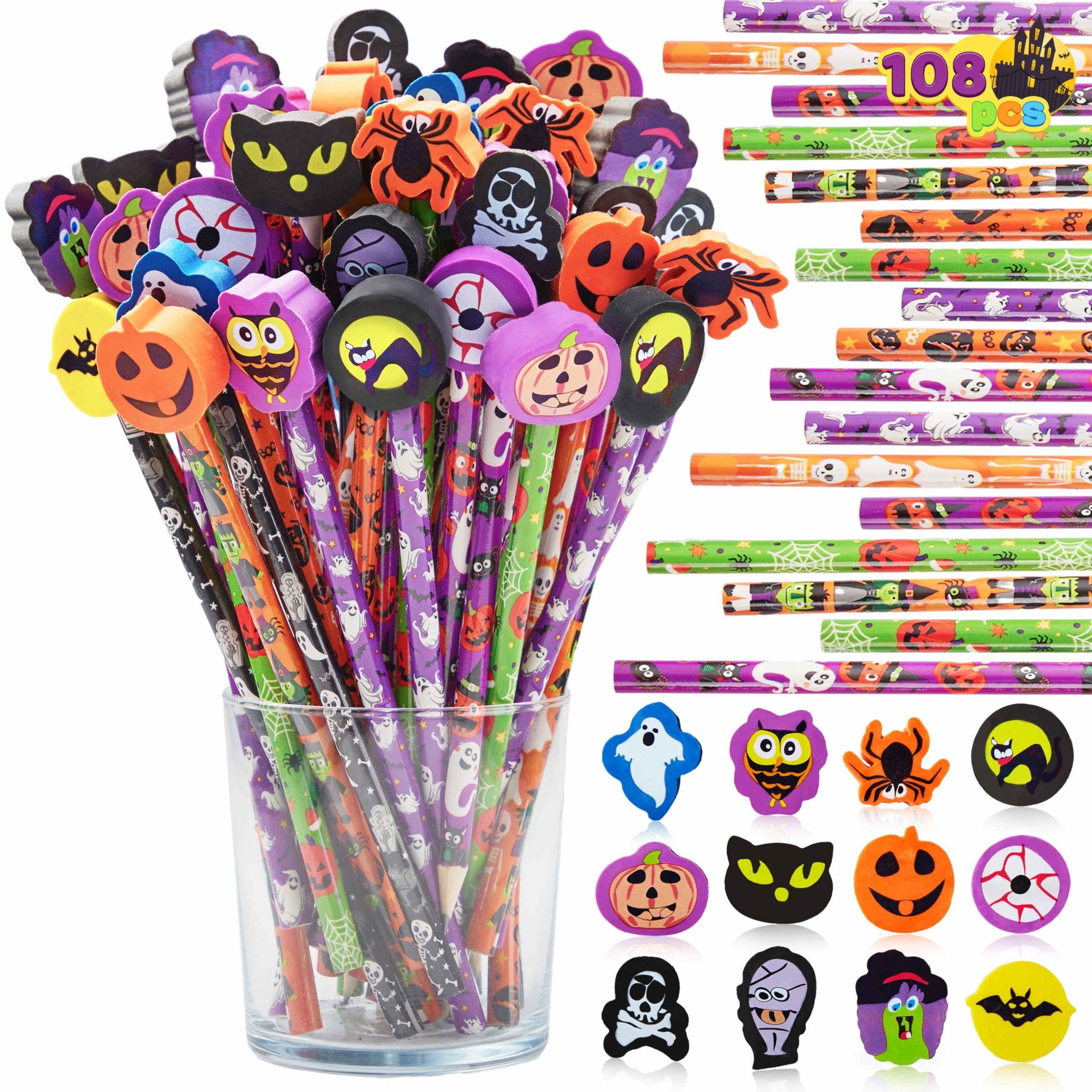 Monster Decor 108PCS Halloween Pencils with Erasers Stationery Set