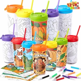 Trophy Lift 12 Pcs Thanksgiving Coloring Cup for Kids