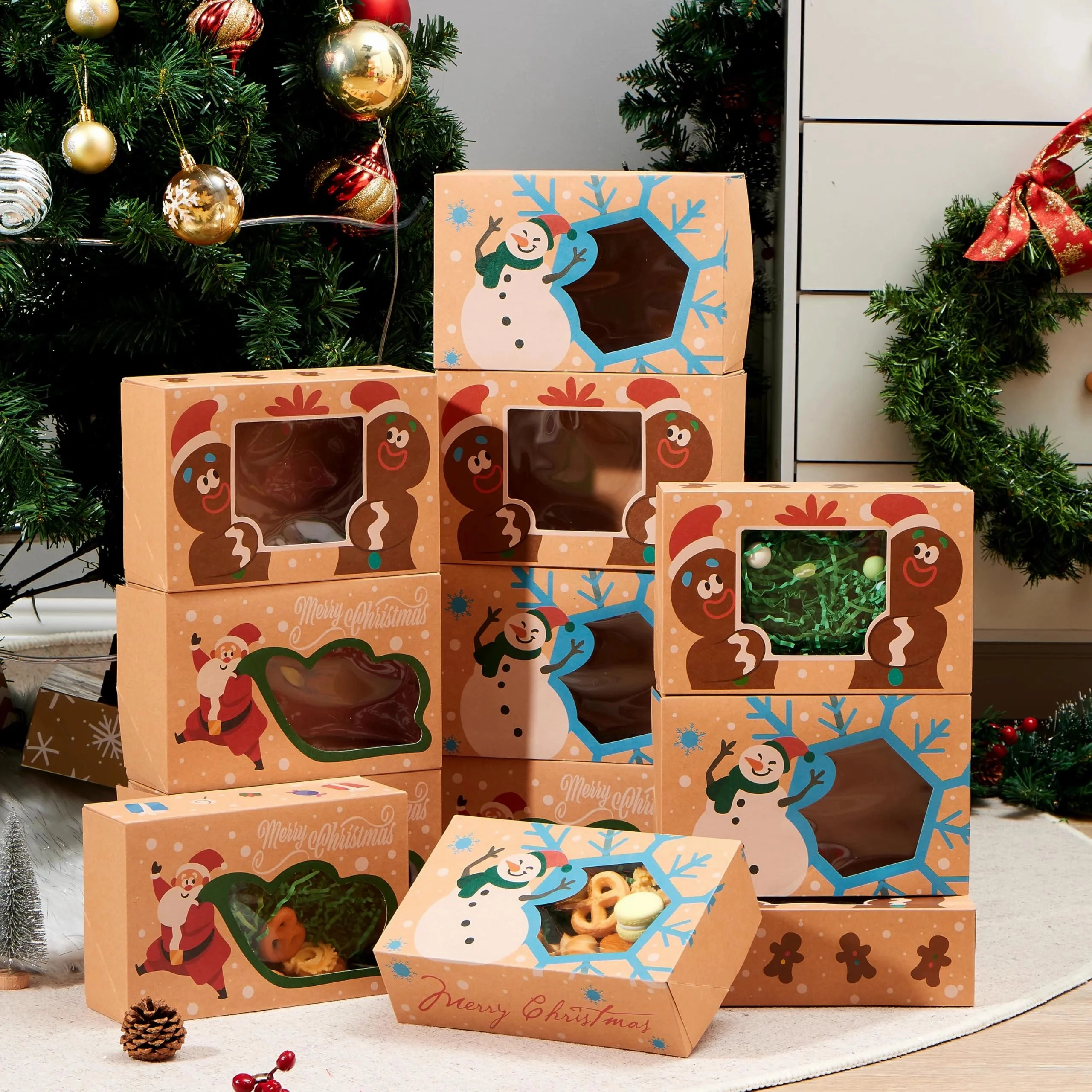 12Pcs Christmas Cookie Gift Baking Box 8.75in x 5.75in x 2.75in with Window Whimsical Props