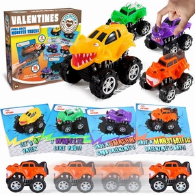 16Pcs Kids Valentines Cards With Pull Back Monster Truck-Classroom Exchange Gifts Undercover Work Galaxy Types