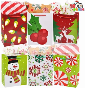 18Pcs Christmas Gift Bags, Holiday Paper Goody Bags with Handles Charming Decorations
