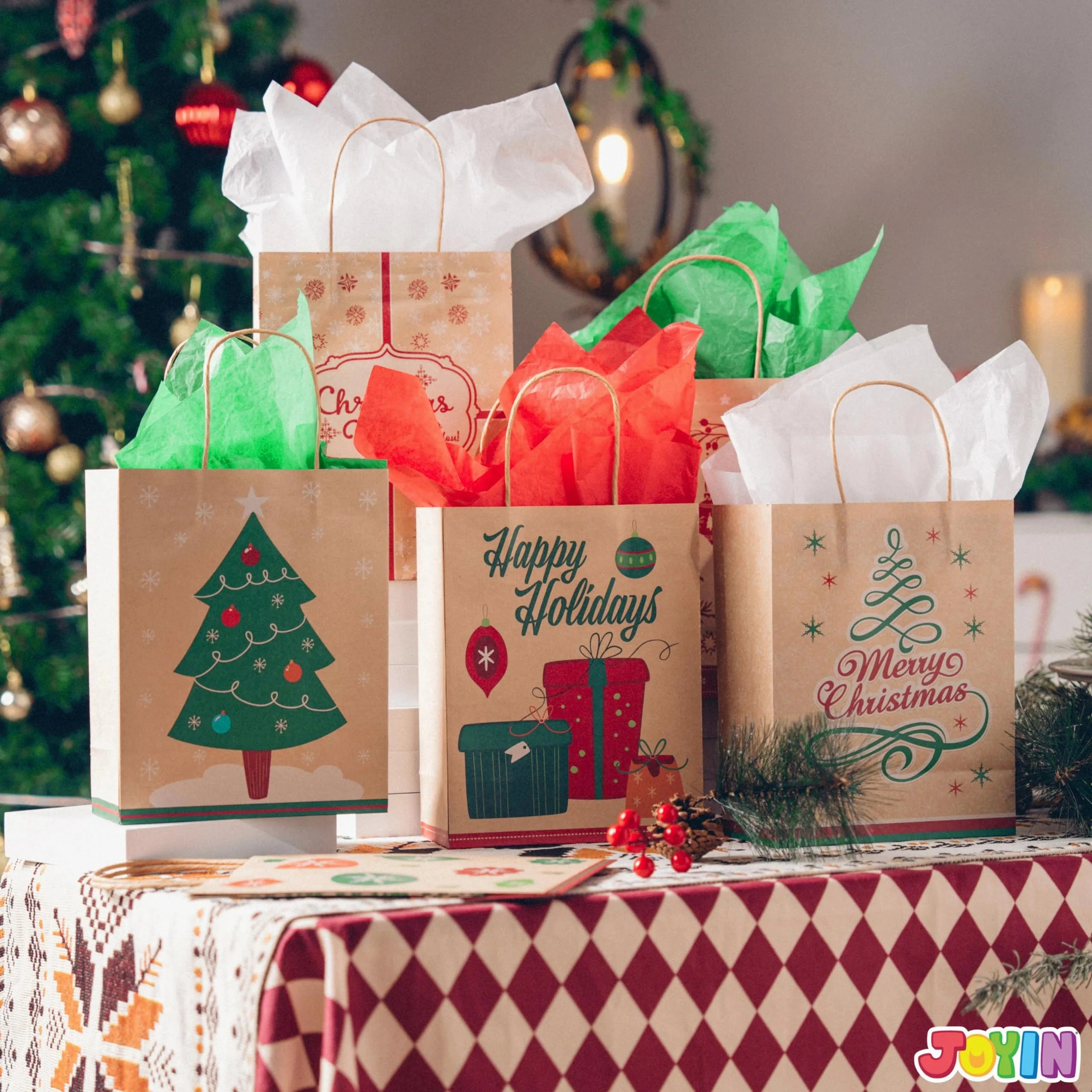 Spooky Designs Enchanting Props 24Pcs 6 Designs Christmas Gift Bags Kraft Foil 7x9x3.5in