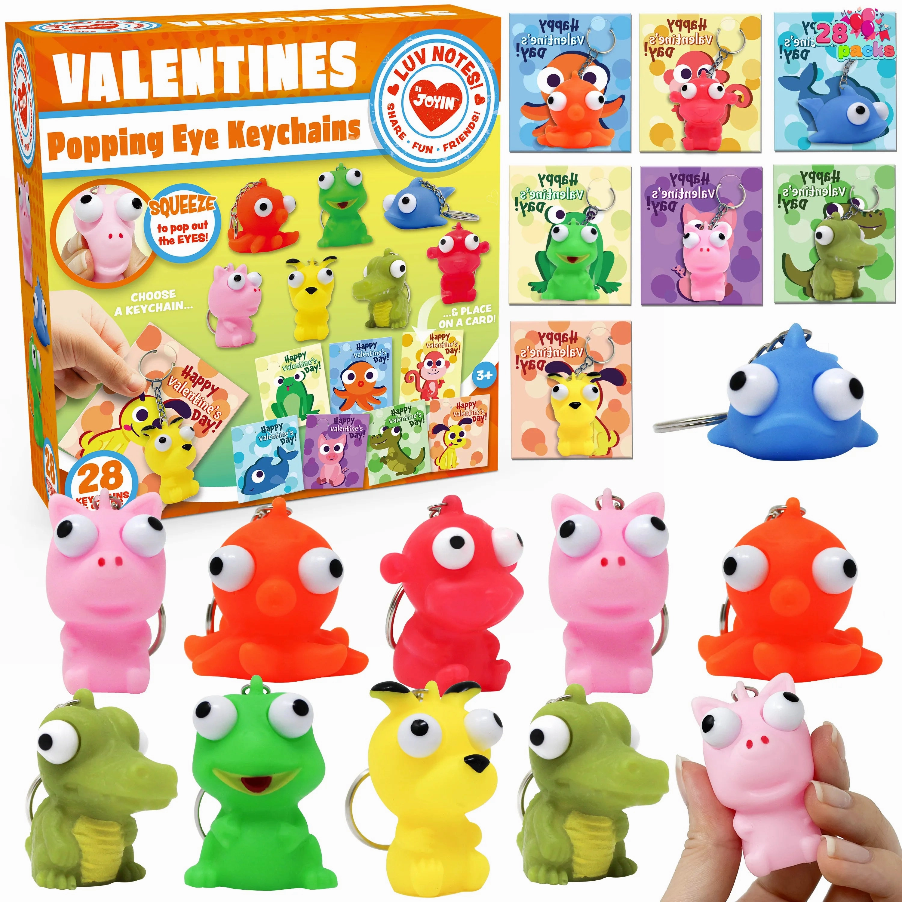 Knight Warrior Diversity Celebrate 28Pcs Animal Keychains featuring Bulging Eyes with Kids Valentines Cards