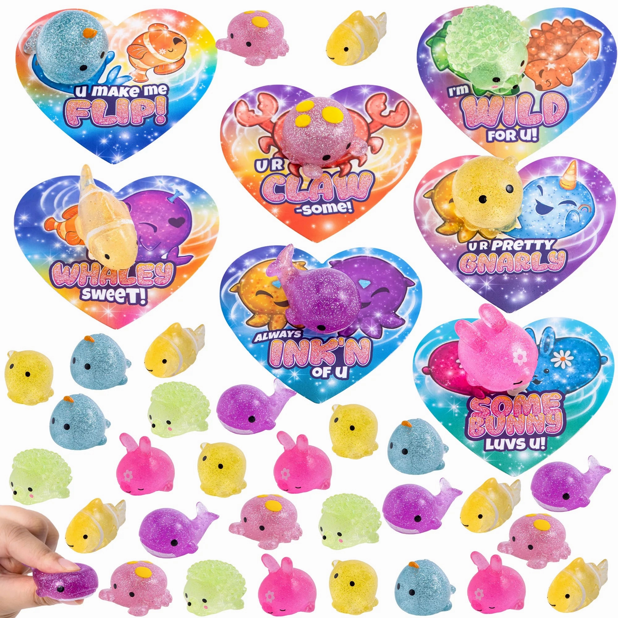 Reputation Build Trial Endure 28Pcs Glitter Mochi Toys with Kids Valentines Cards for Classroom Exchange