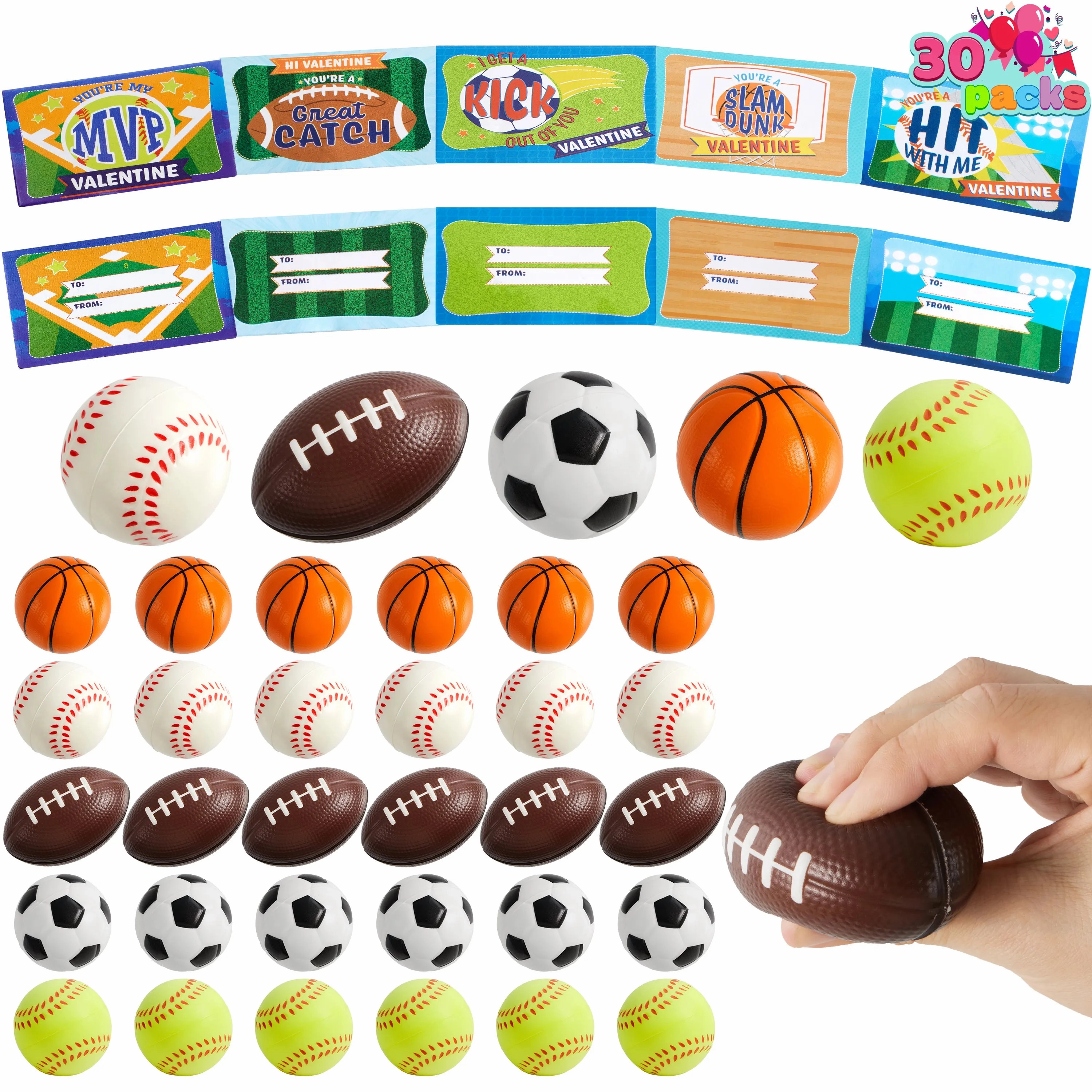 28Pcs Mini Sports Squeeze Balls with Kids Valentines Cards for Classroom Exchange Water Protect