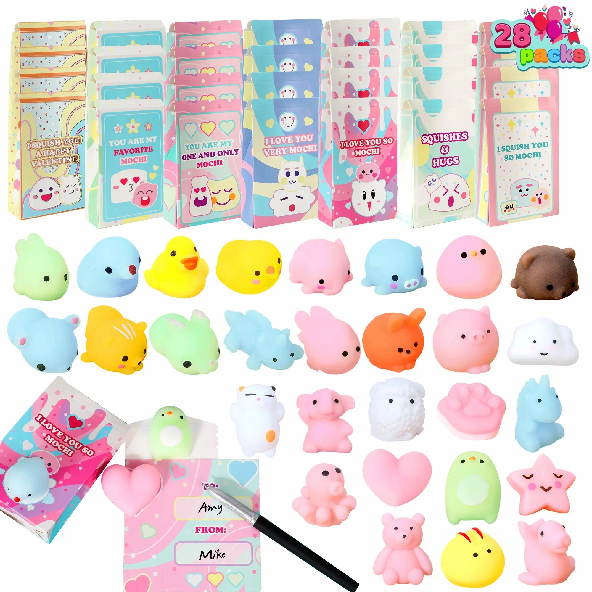 Water Protect Synchronization 28Pcs Mochi Squishy Toys and Bags with Kids Valentines Cards for Classroom Exchange