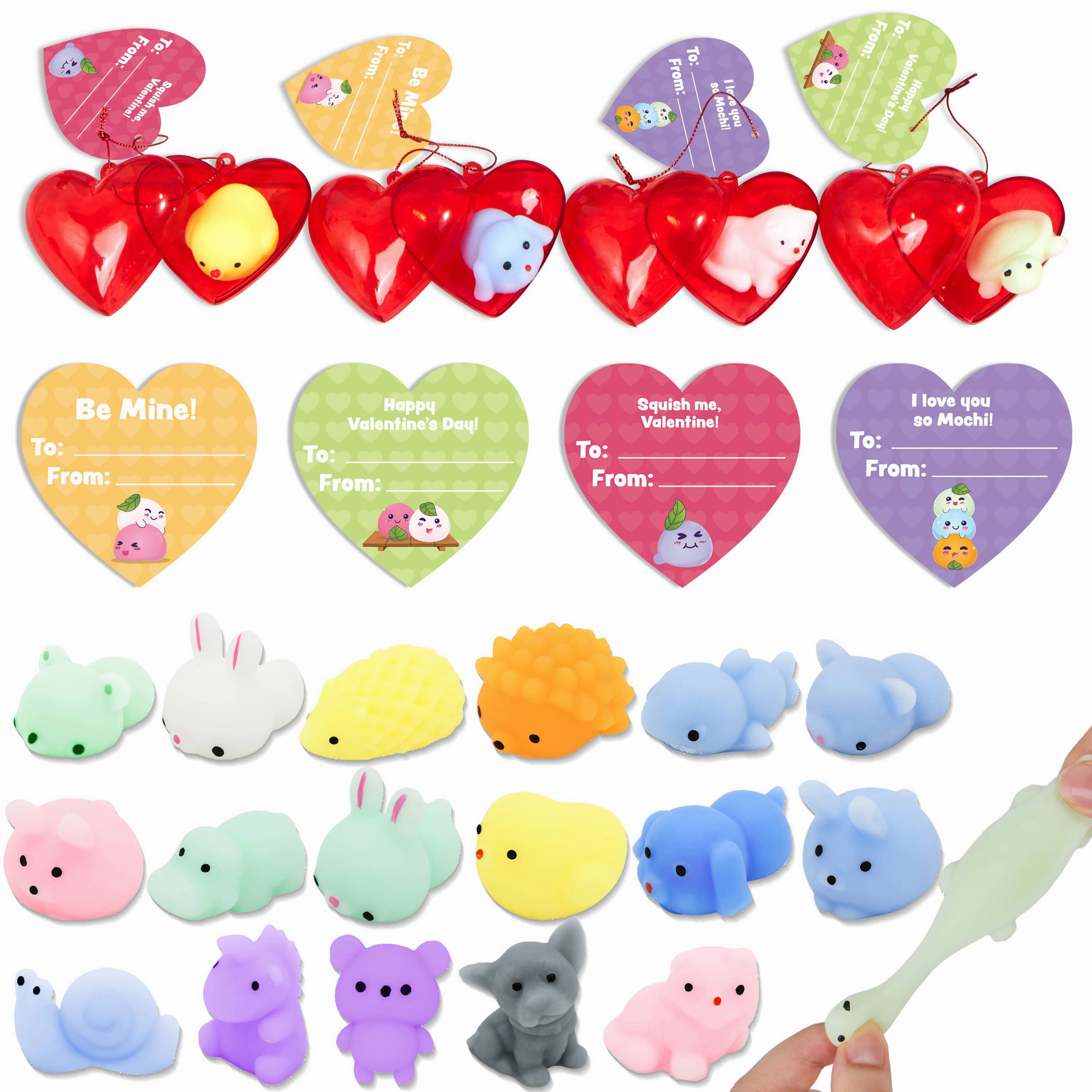 28Pcs Mochi Squishy Toys Prefilled Hearts with Kids Valentines Cards Future Plan Debate Practice