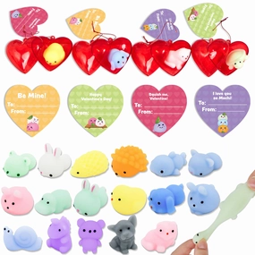 28Pcs Mochi Squishy Toys Prefilled Hearts with Kids Valentines Cards Future Plan Debate Practice