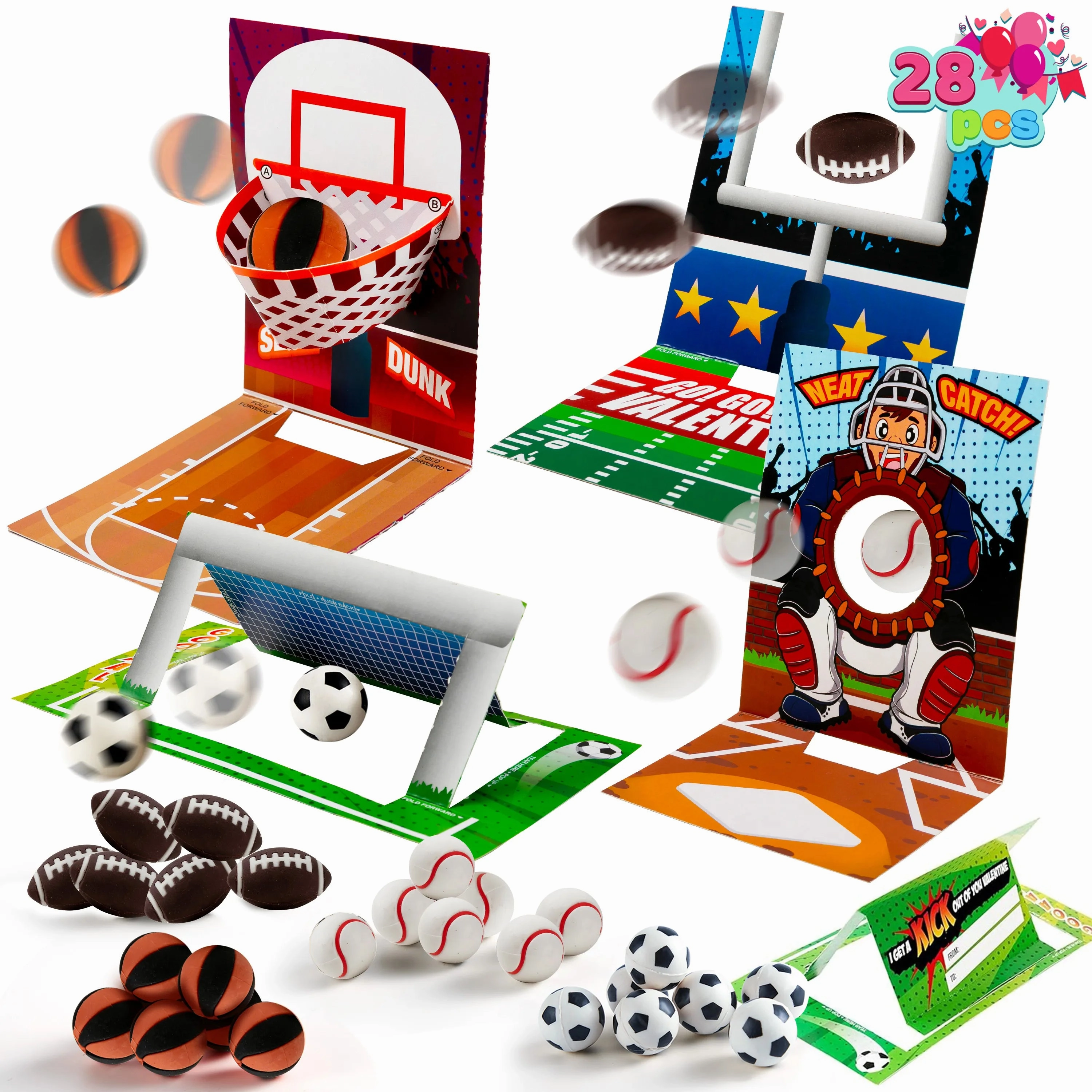 Scattering Phenomenon Wormhole Concept 28Pcs Sports Game Erasers with Kids Valentines Cards for Classroom Exchange