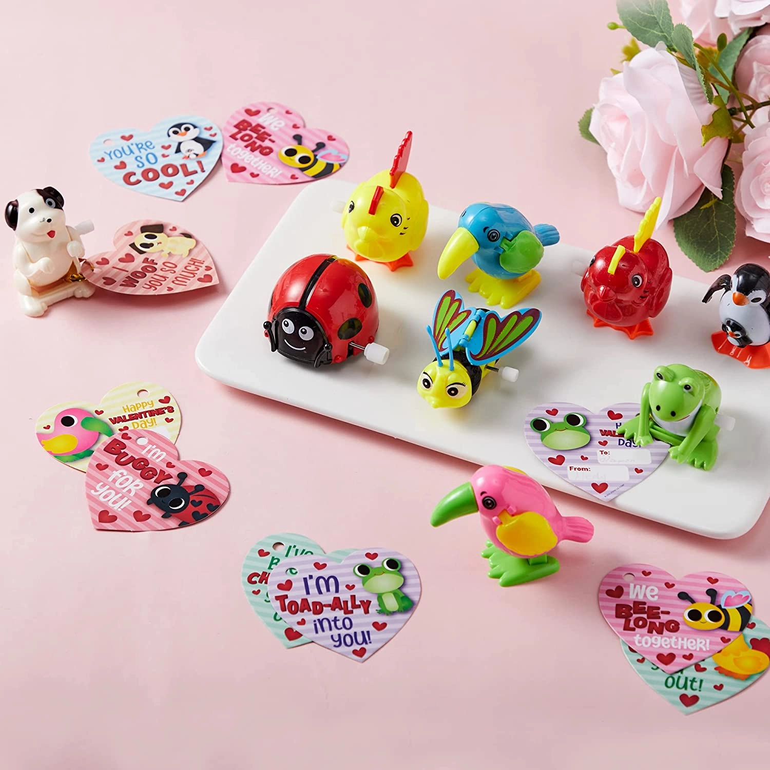 Tile Game 28Pcs Wind Up Toy with Kids Valentines Cards for Valentine Party Favors