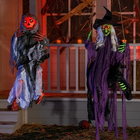 2 Packs Halloween Lighted Swinging Pumpkin & Witch Eerie Supplies Monster Decorations
