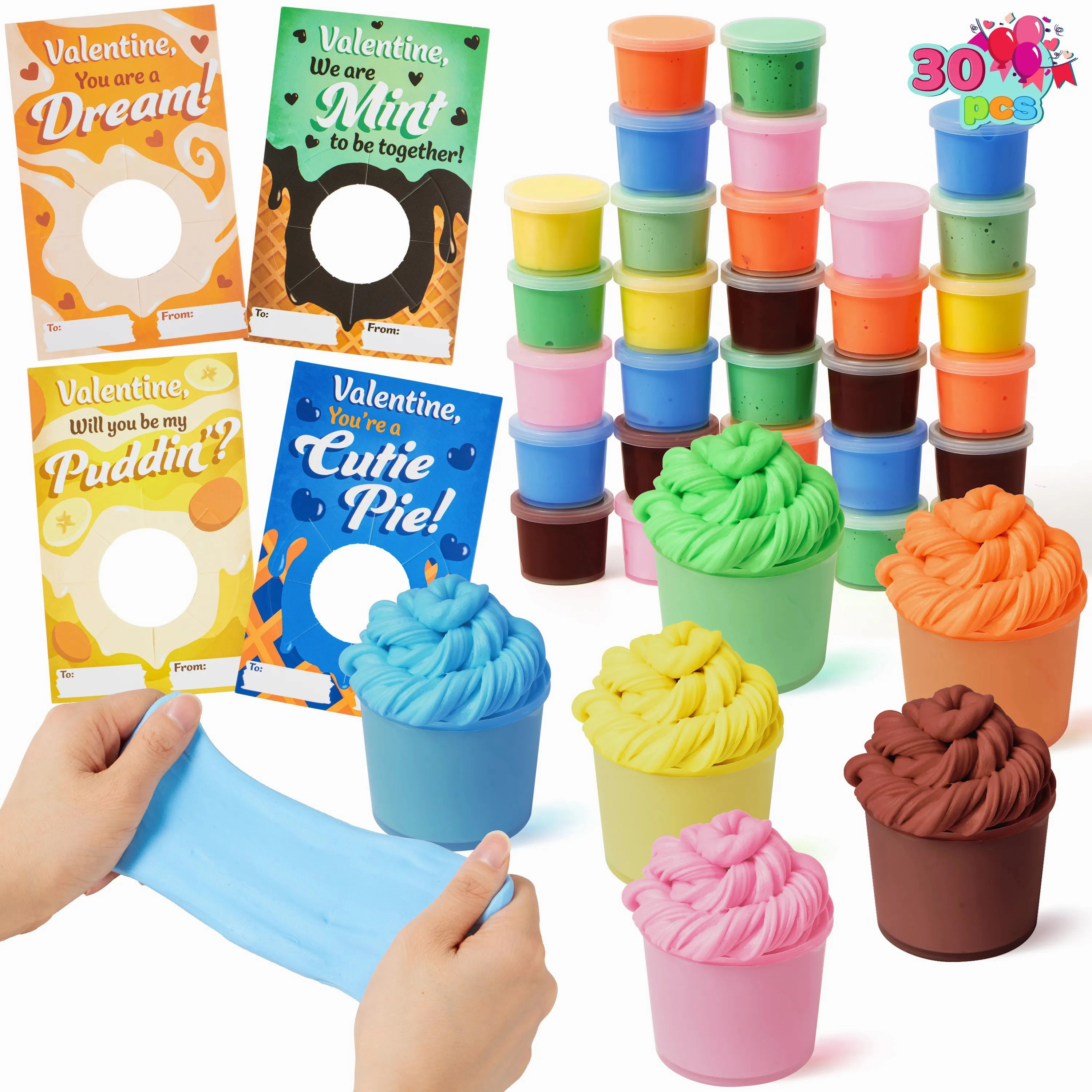 30 Packs 6 Designs Valentines Day Cards with Butter Slime Pressure Release Fidget Toys touch screen