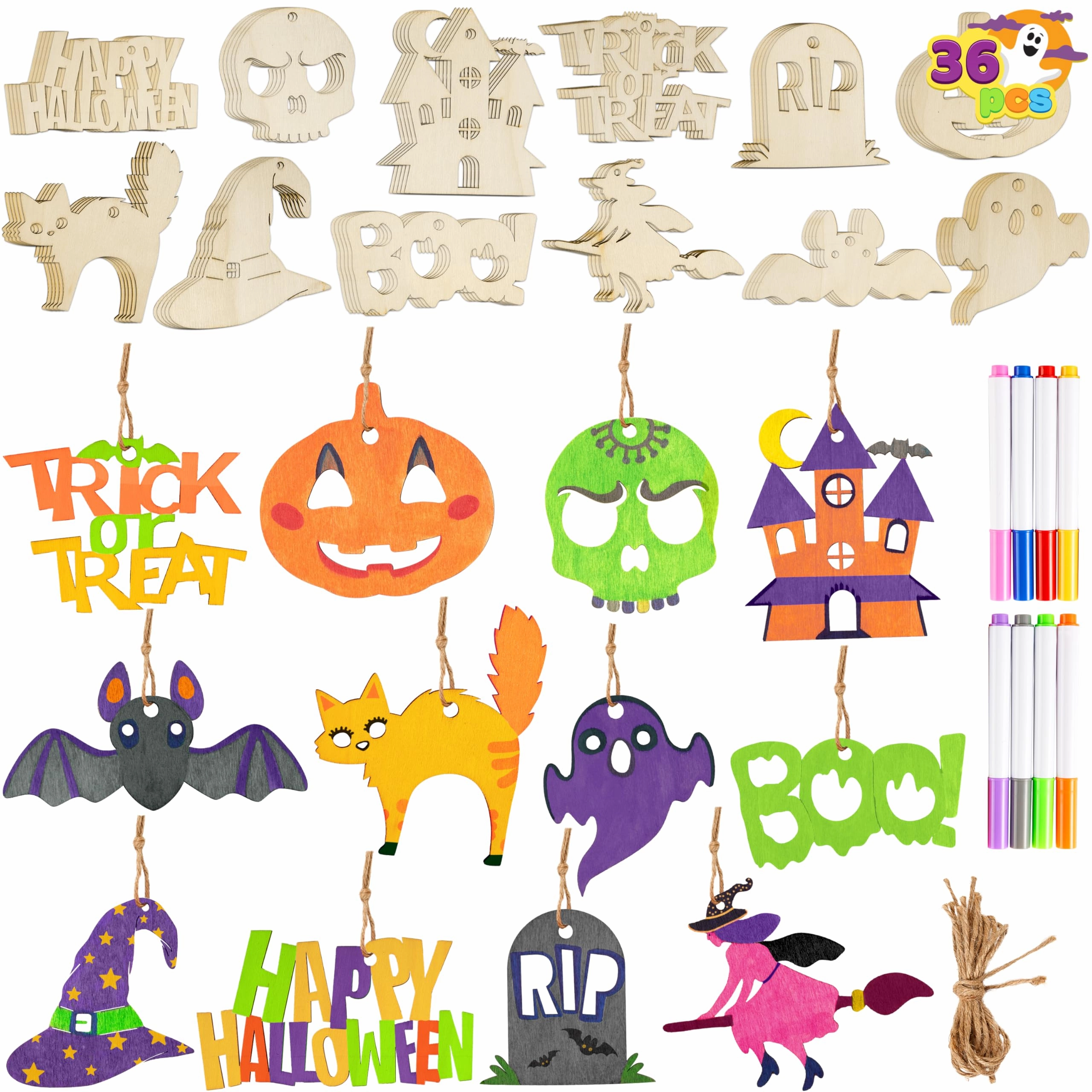 Spooky Lights Frightening Ornaments 36 Pcs Halloween Craft Wooden Painting Kit