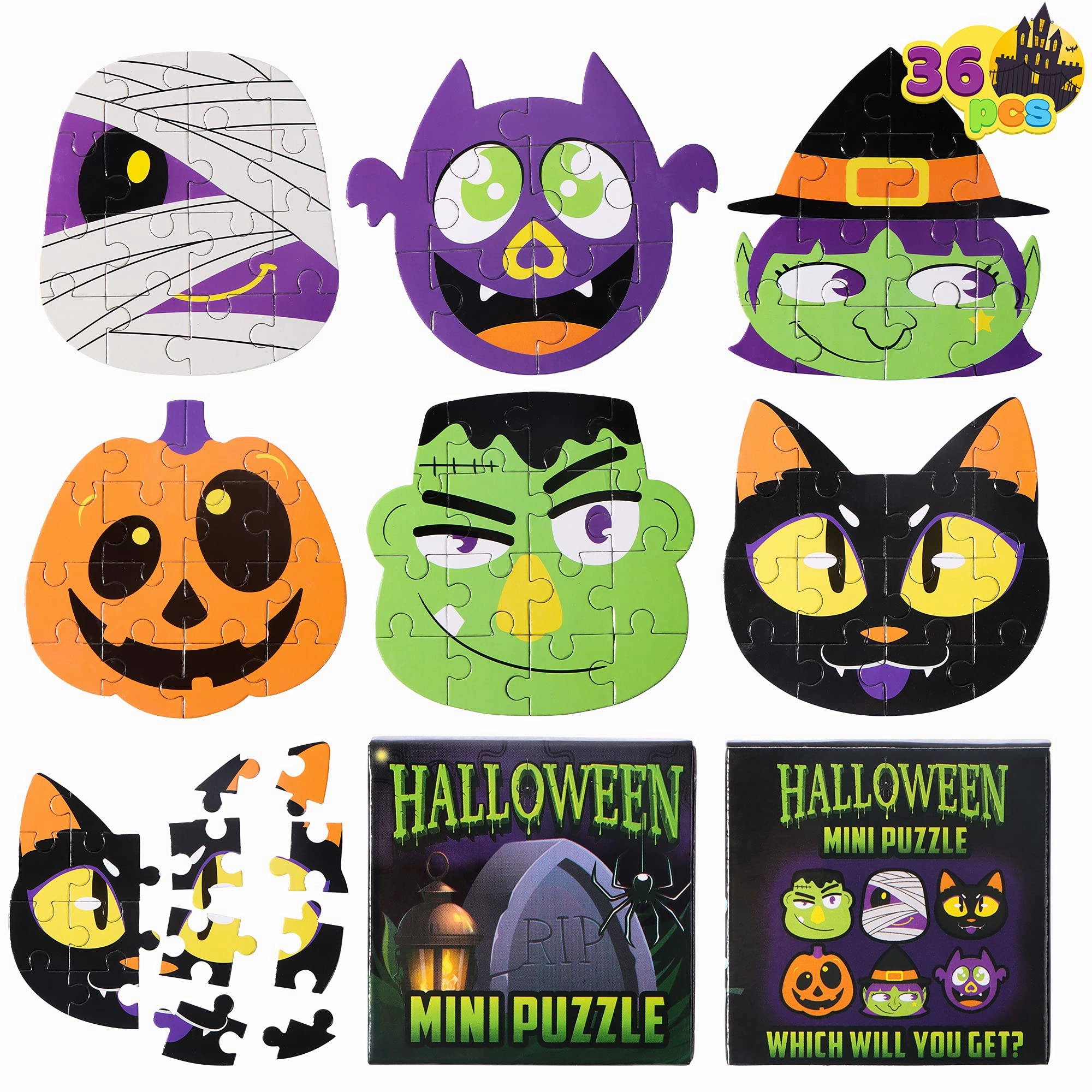36 Pcs Halloween Jigsaw Puzzle Set in Blind Boxes with 6 Characters Paper Board Spooky Accents