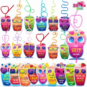 36Pcs Drinking Straws with Kids Valentines Cards for Valentine Party Favors Shopping Game