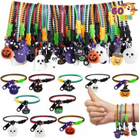 60 PCS Halloween Zipper Bracelets Bulk Set, Zipper Wristbands Party Favors for Kids Creepy Props