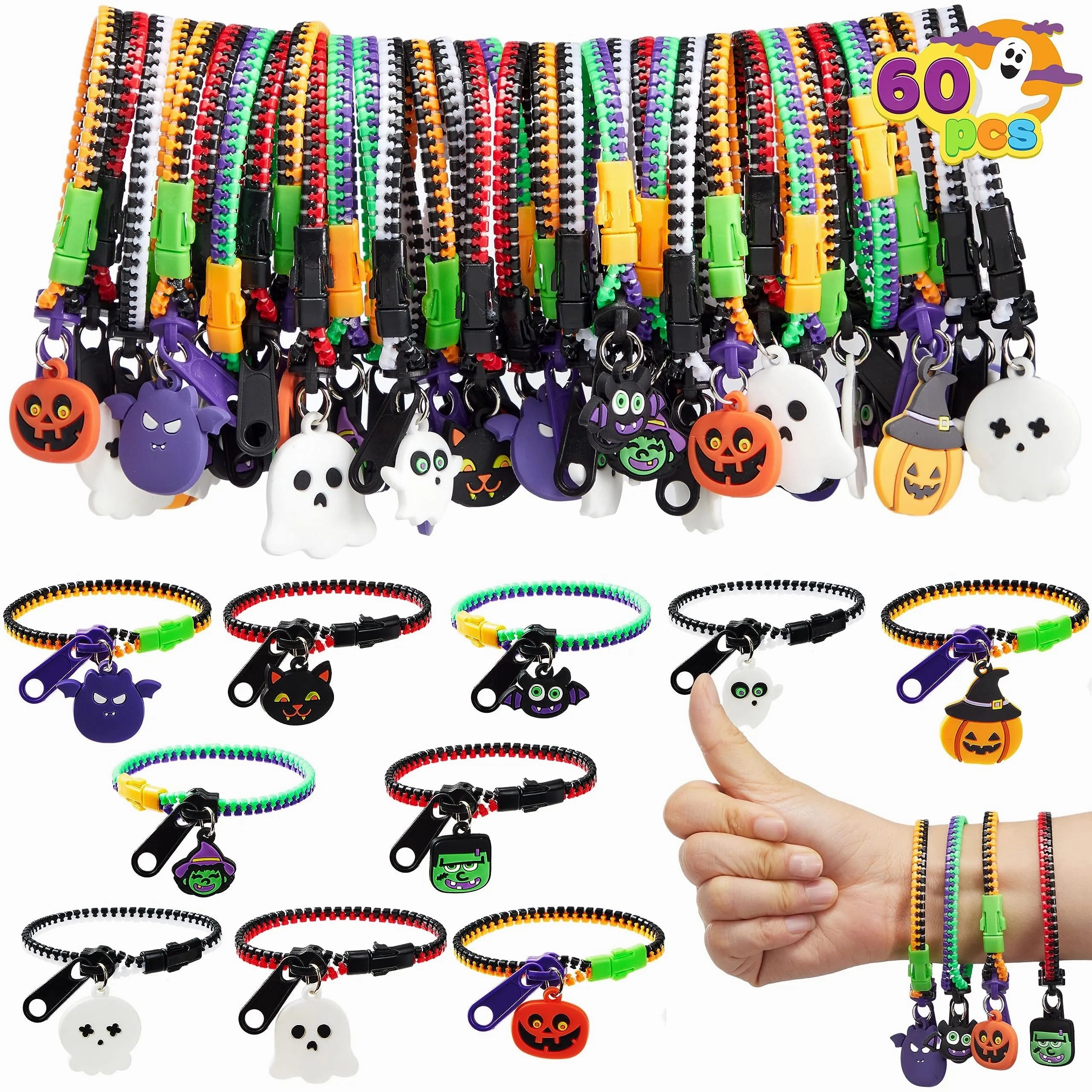 60 PCS Halloween Zipper Bracelets Bulk Set, Zipper Wristbands Party Favors for Kids Creepy Props
