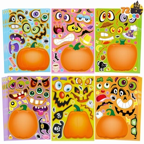 Playful Treats Mystical Props 72 Pcs Halloween Pumpkin Stickers for Kids, Halloween Party Favor