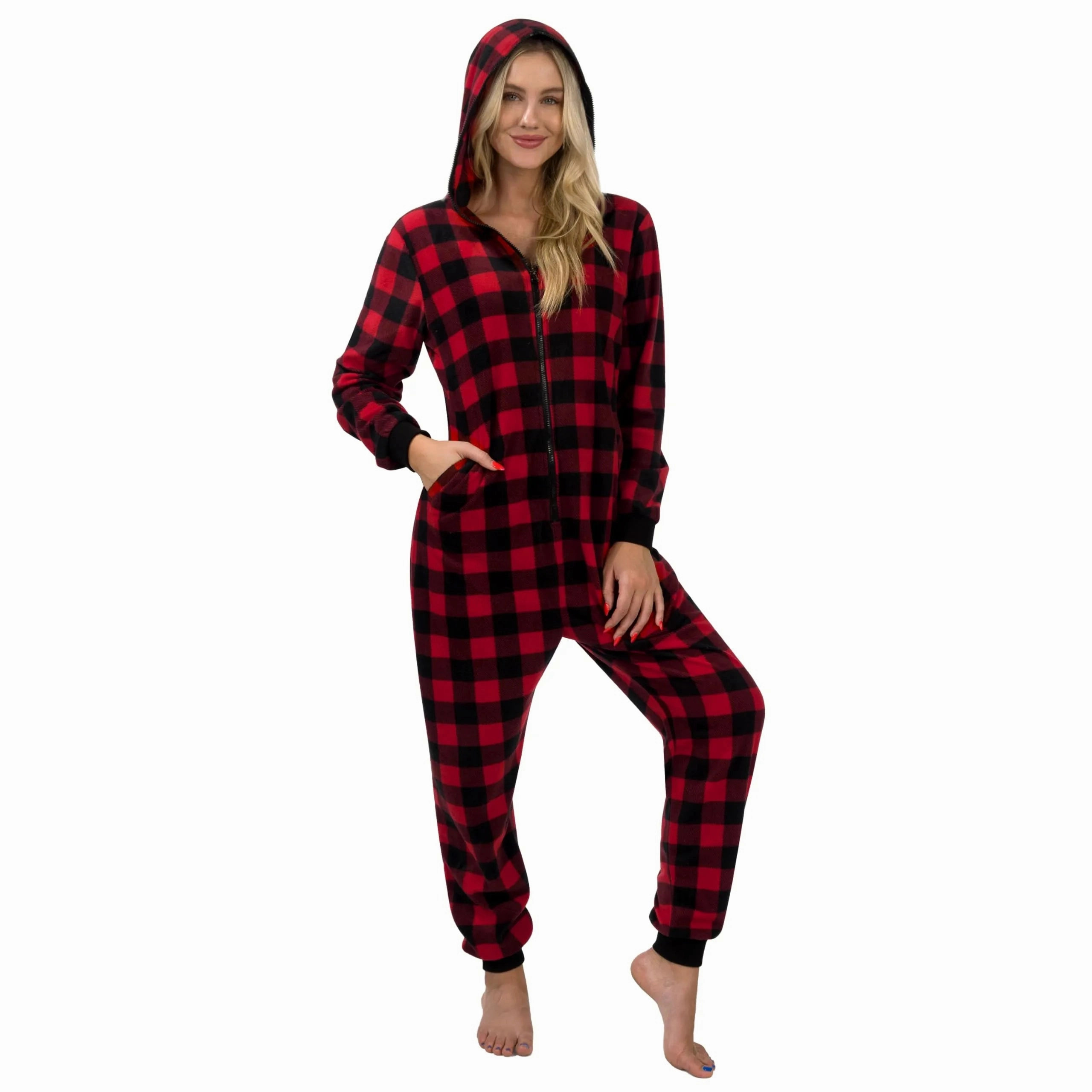 Adult Christmas Fleece Plaid Hoodie Full Zipper Pajamas Charming Designs Mysterious Decor