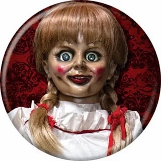 Whimsical Decor Ghostly Party Annabelle On Red Alt Poster Buttons 1.25" Round