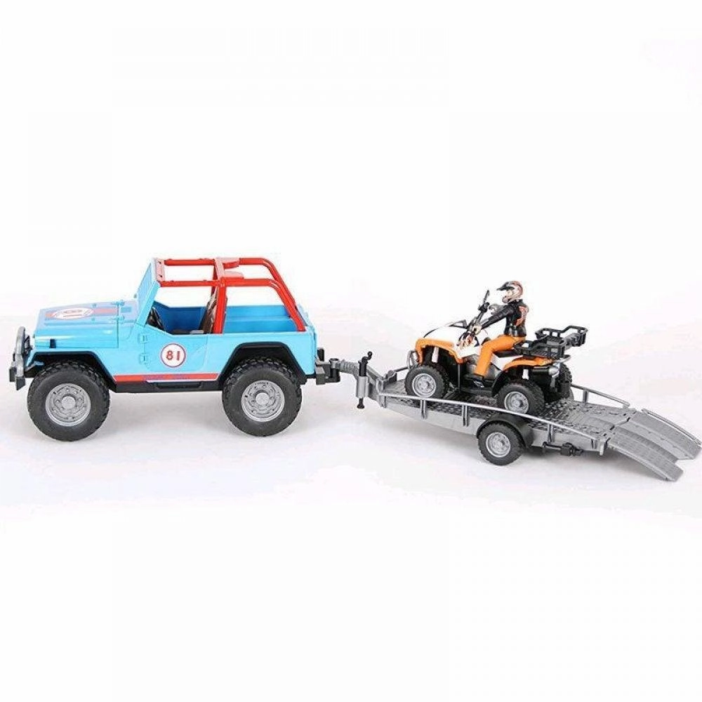 Global Release Bruder Blue Jeep Racing Car with Trailer, Quad Bike and Driver