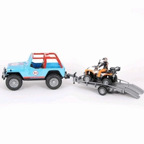 Global Release Bruder Blue Jeep Racing Car with Trailer, Quad Bike and Driver