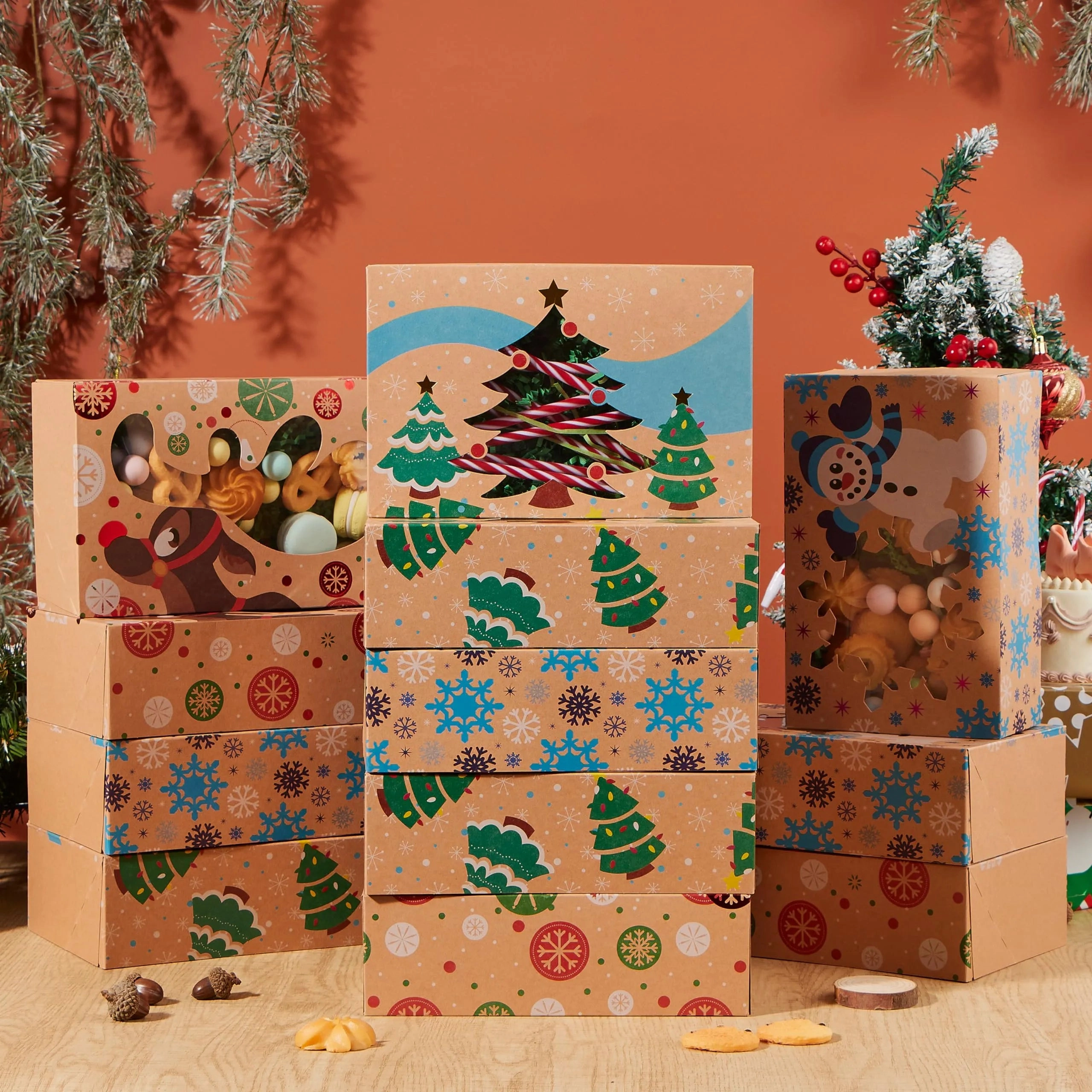 12 Foiled Kraft Christmas Cookie Boxes with Window 8.5in x 5.75in x 2.75in Eerie Masks