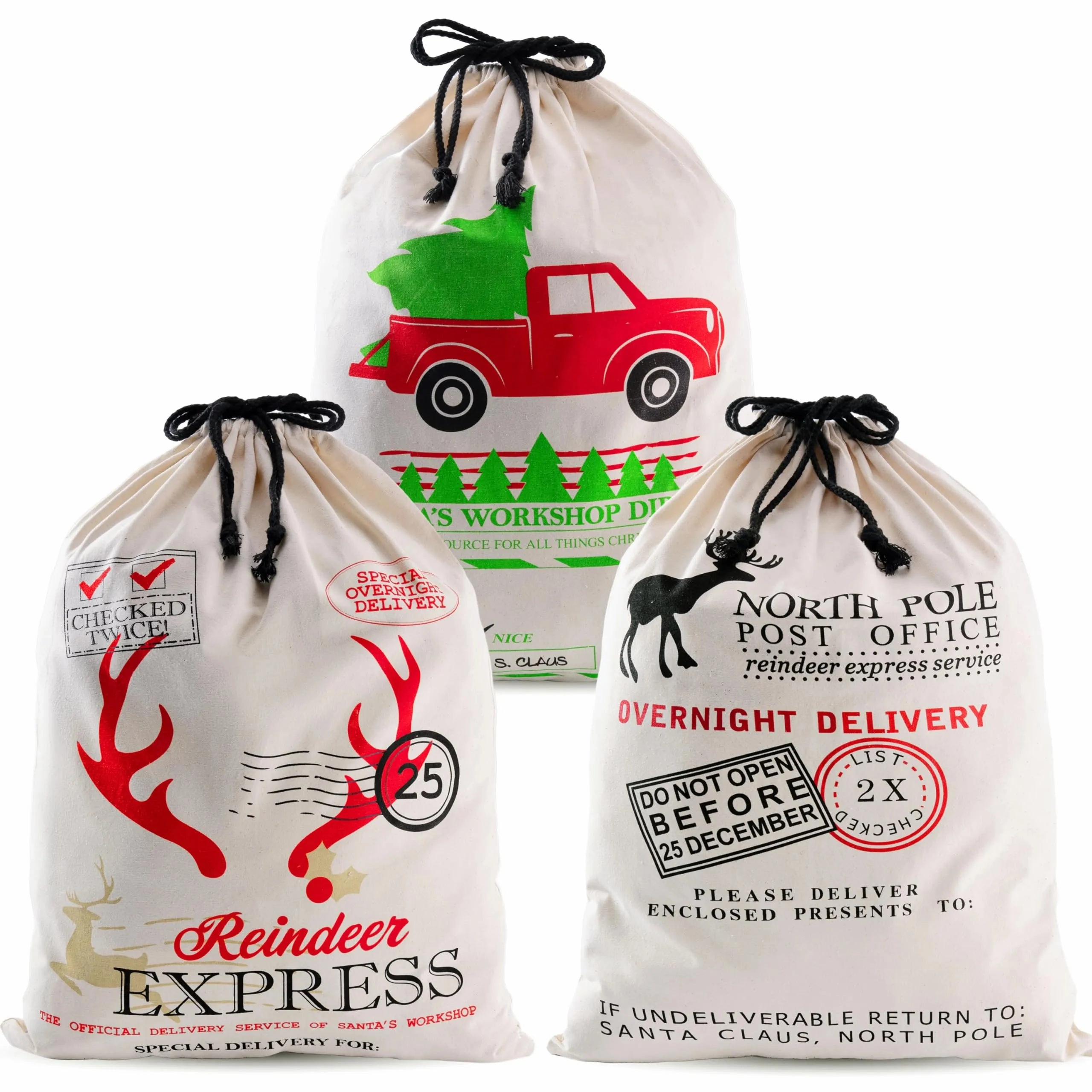 3Pcs Santa Burlap Sack Christmas Gift Bags with Drawstring 26in x 19in Playful Designs