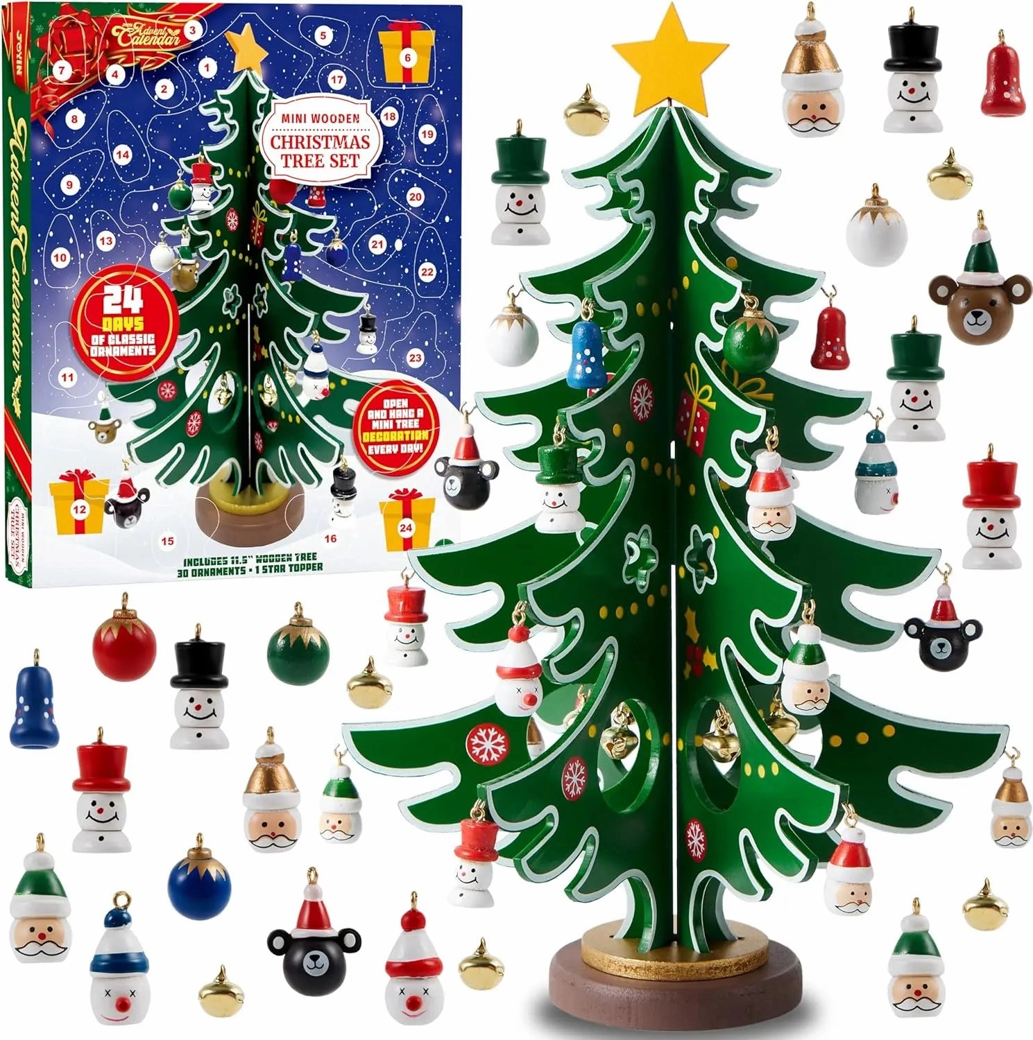 Christmas Advent Calendar Tabletop Wooden Christmas Tree and 24 Ornaments Playful Supplies