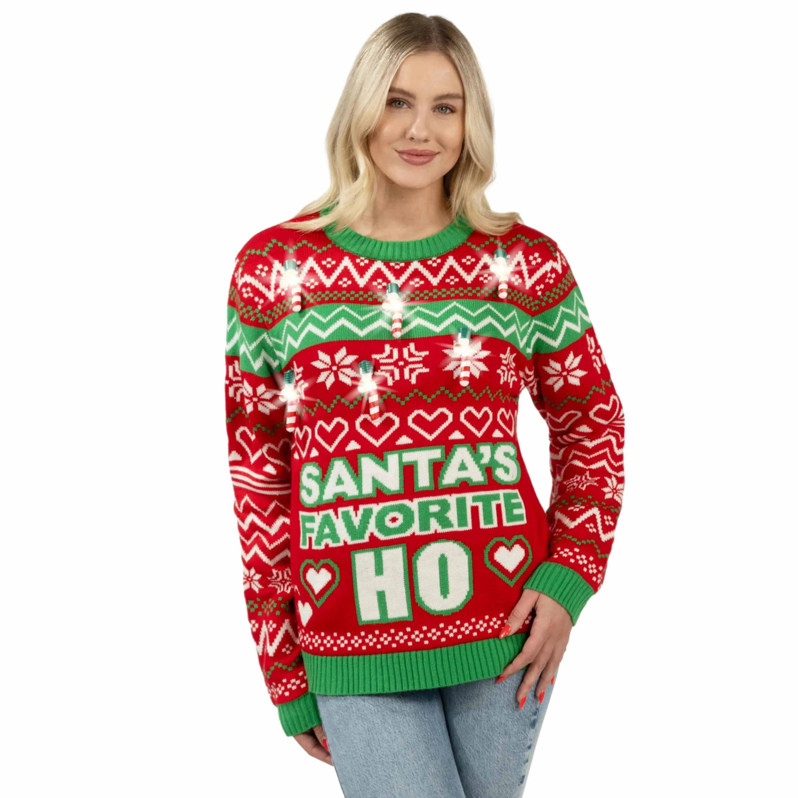 Mystical Accents Christmas Funny Santa Pullover Long Sleeve Ugly Sweater with Candy Cane Light Bulbs