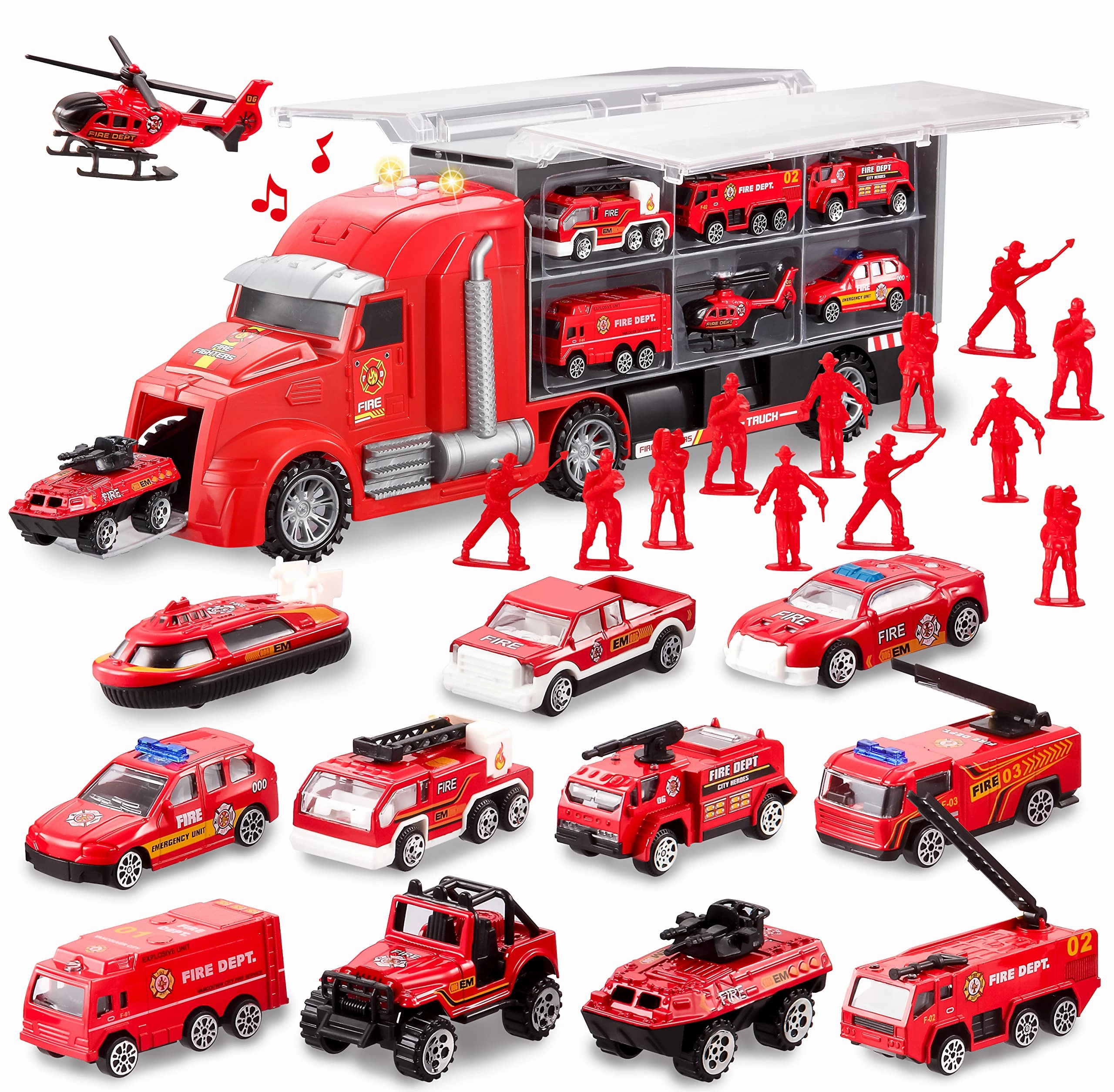 World Expansion Climax Scene 25 in 1 Fire Rescue Carrier Truck Toy Set with 12 Diecast Vehicles & 12 Figures