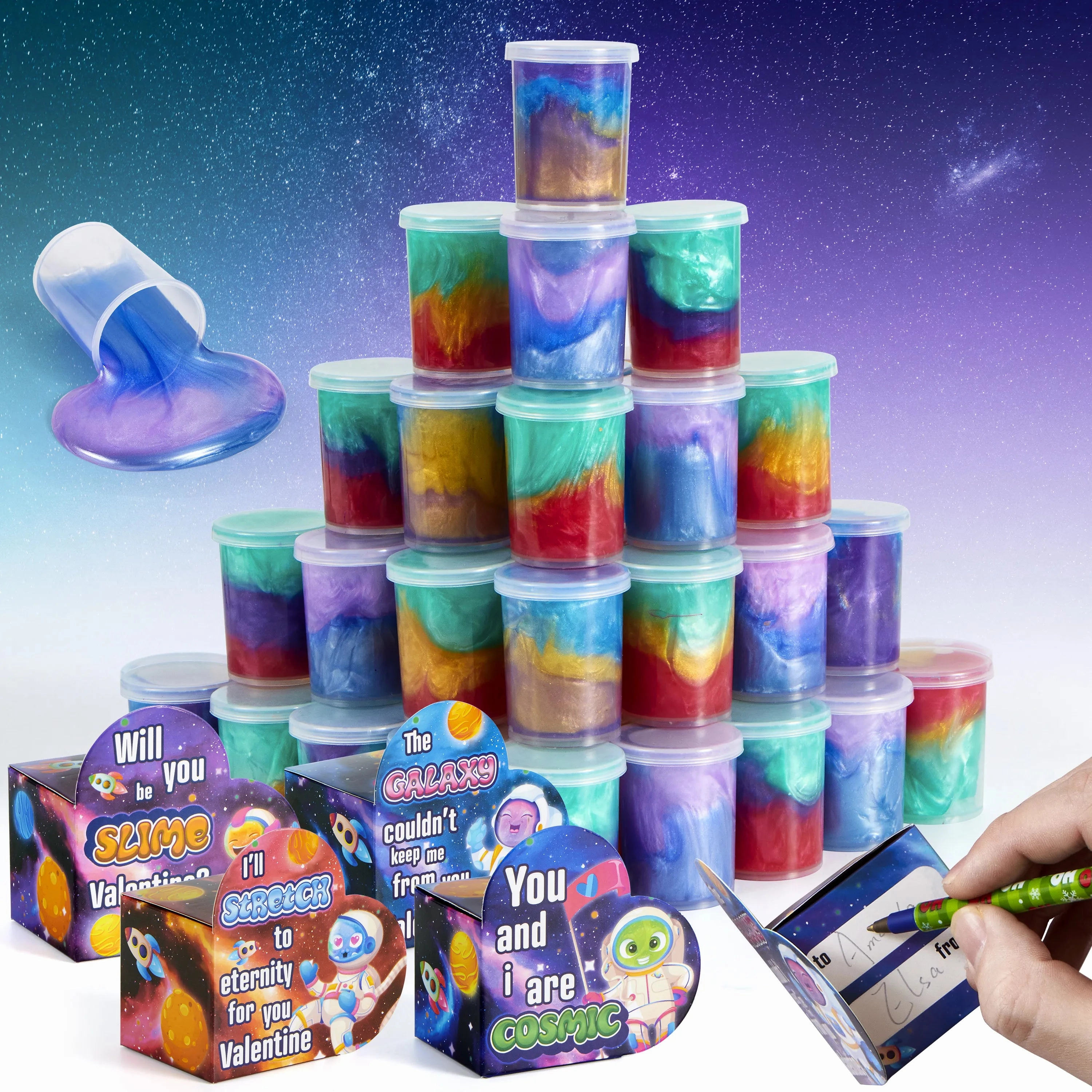 Developmental Stage Self Esteem 28Pcs Cosmic Realm Valentine Slime in Boxes with Kids Valentines Cards