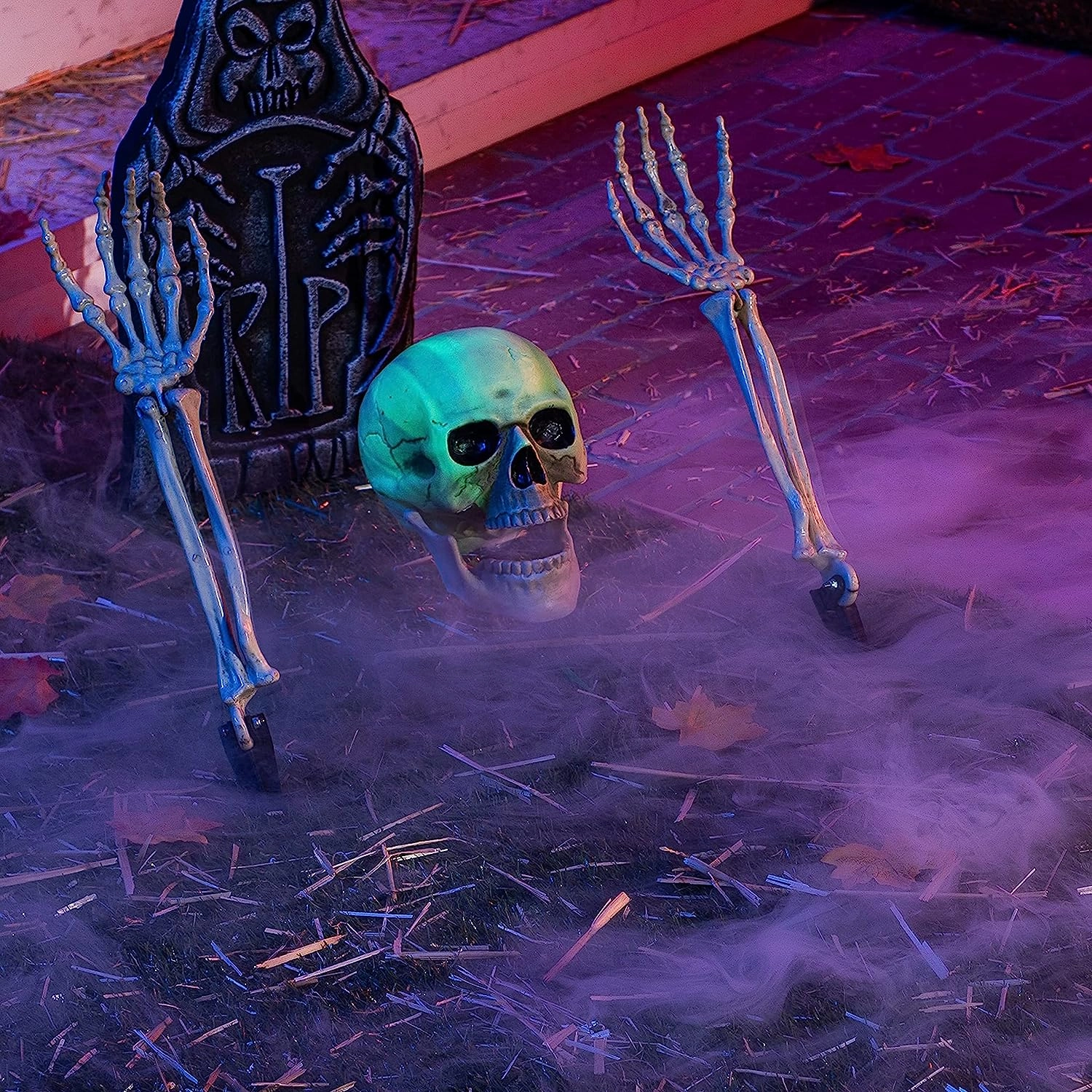 Lighted Skull and Skeleton Arms Groundbreaker Stakes (Green Light), 3 Pcs Wicked Supplies