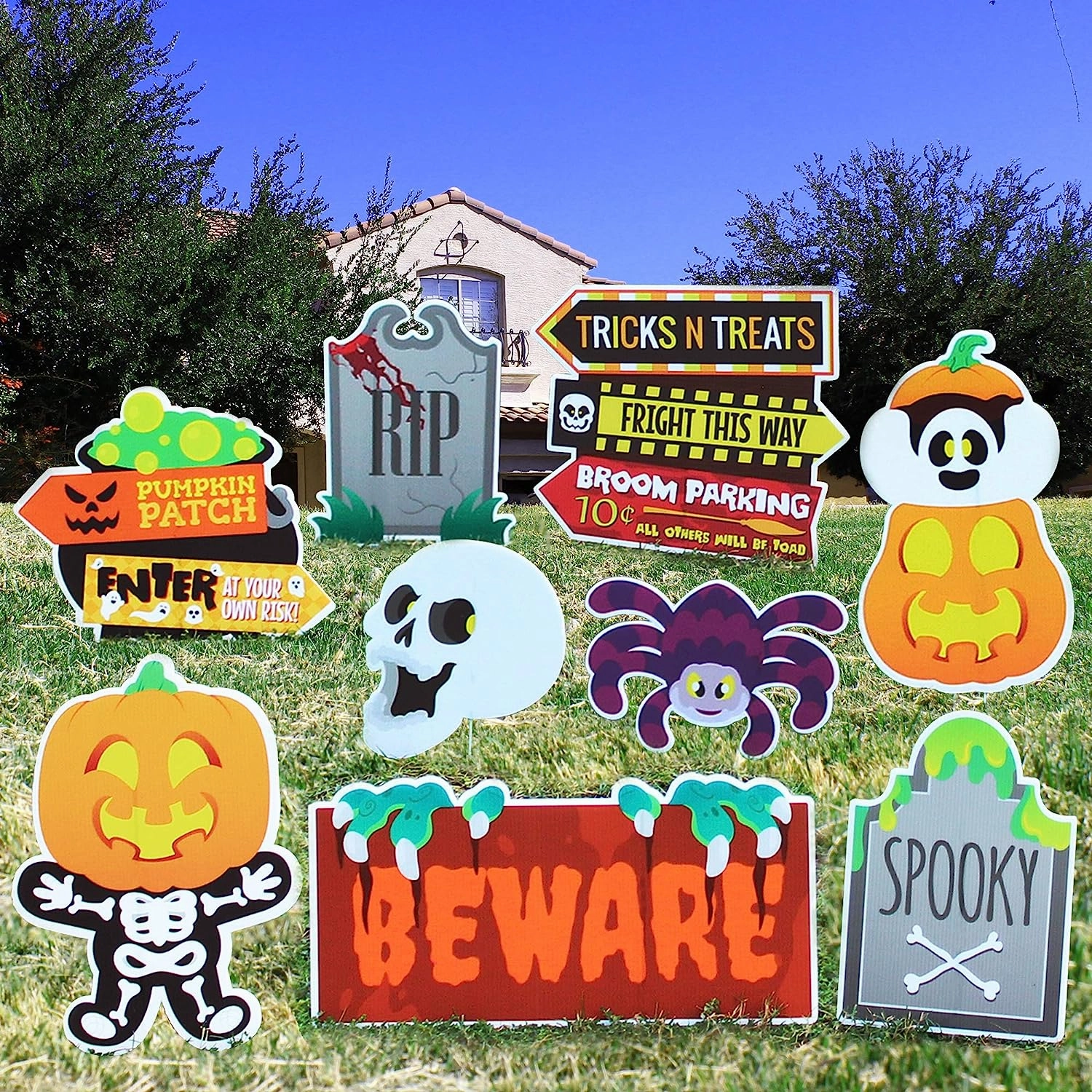 9 Pcs Friendly Halloween Corrugate Yard Stake Signs Enchanting Decorations Whimsical Accents