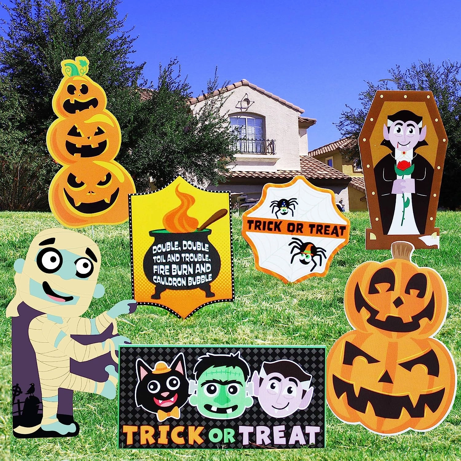 7 Pcs Friendly Halloween Corrugate Yard Stake Signs Haunted Masks Mystical Decorations