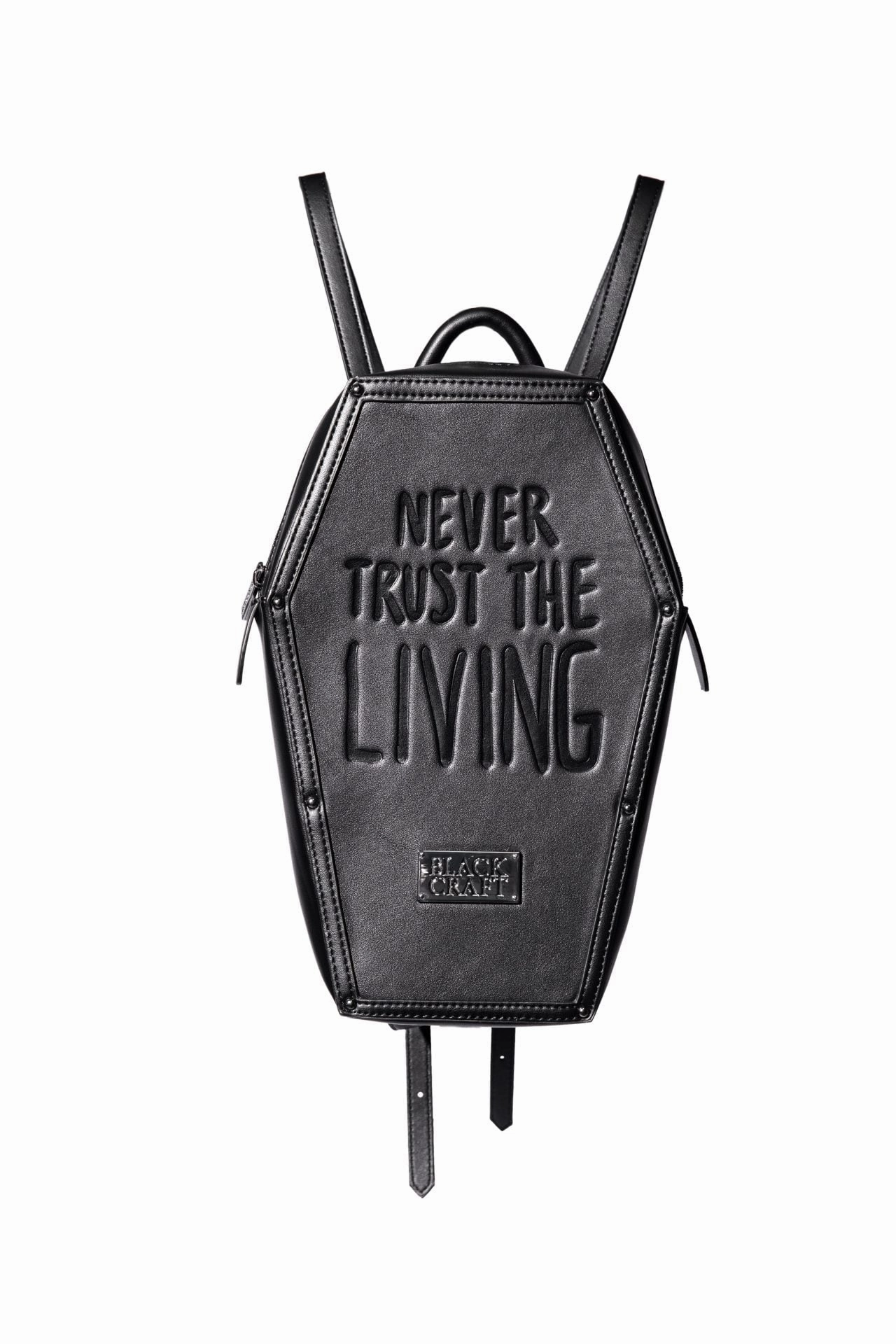 Whimsical designs Playful Displays Never Trust - Coffin Backpack