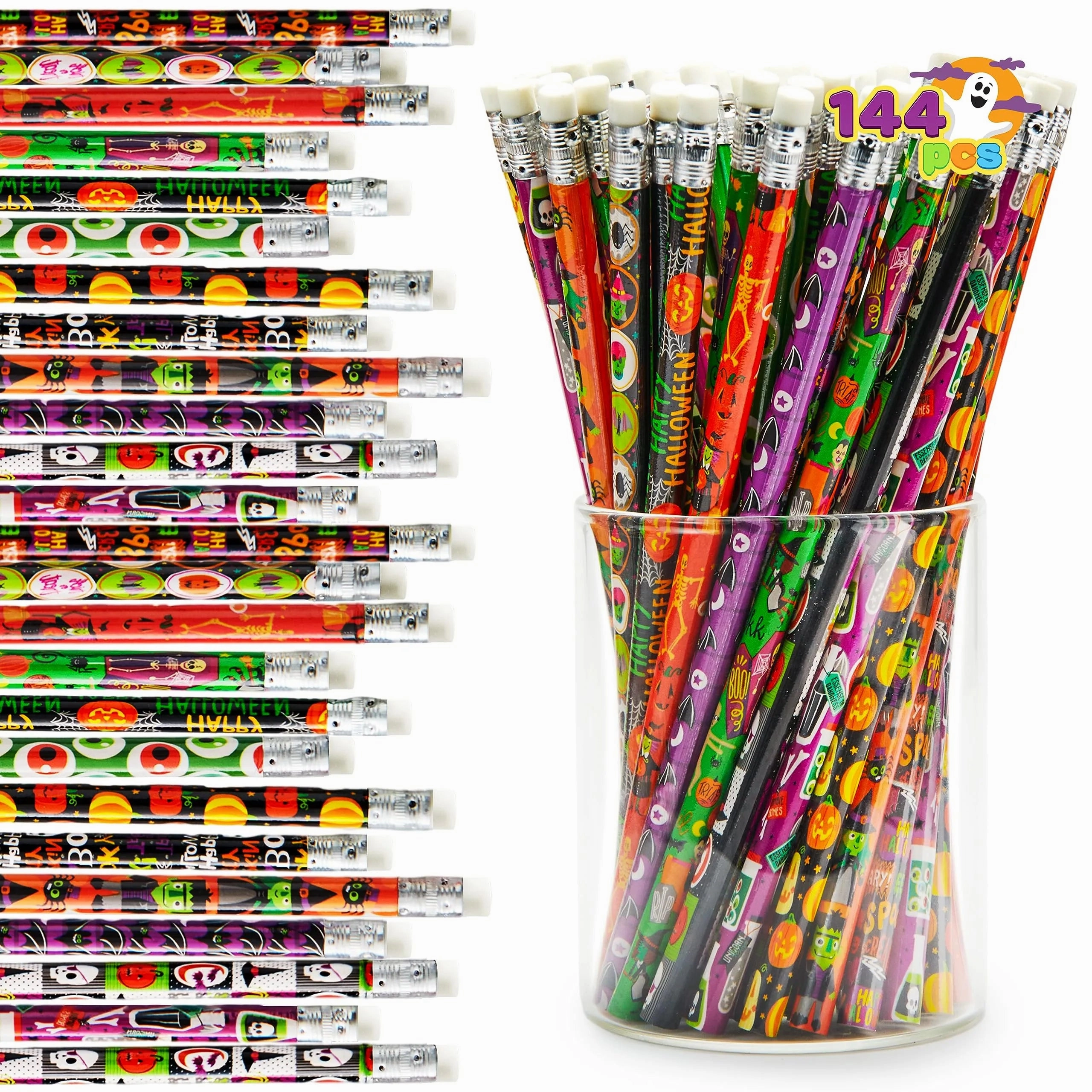 Monster Crafts Charming Crafts 144 Pack Halloween Pencil with Eraser, 12 Design Halloween Themed Pencil Set