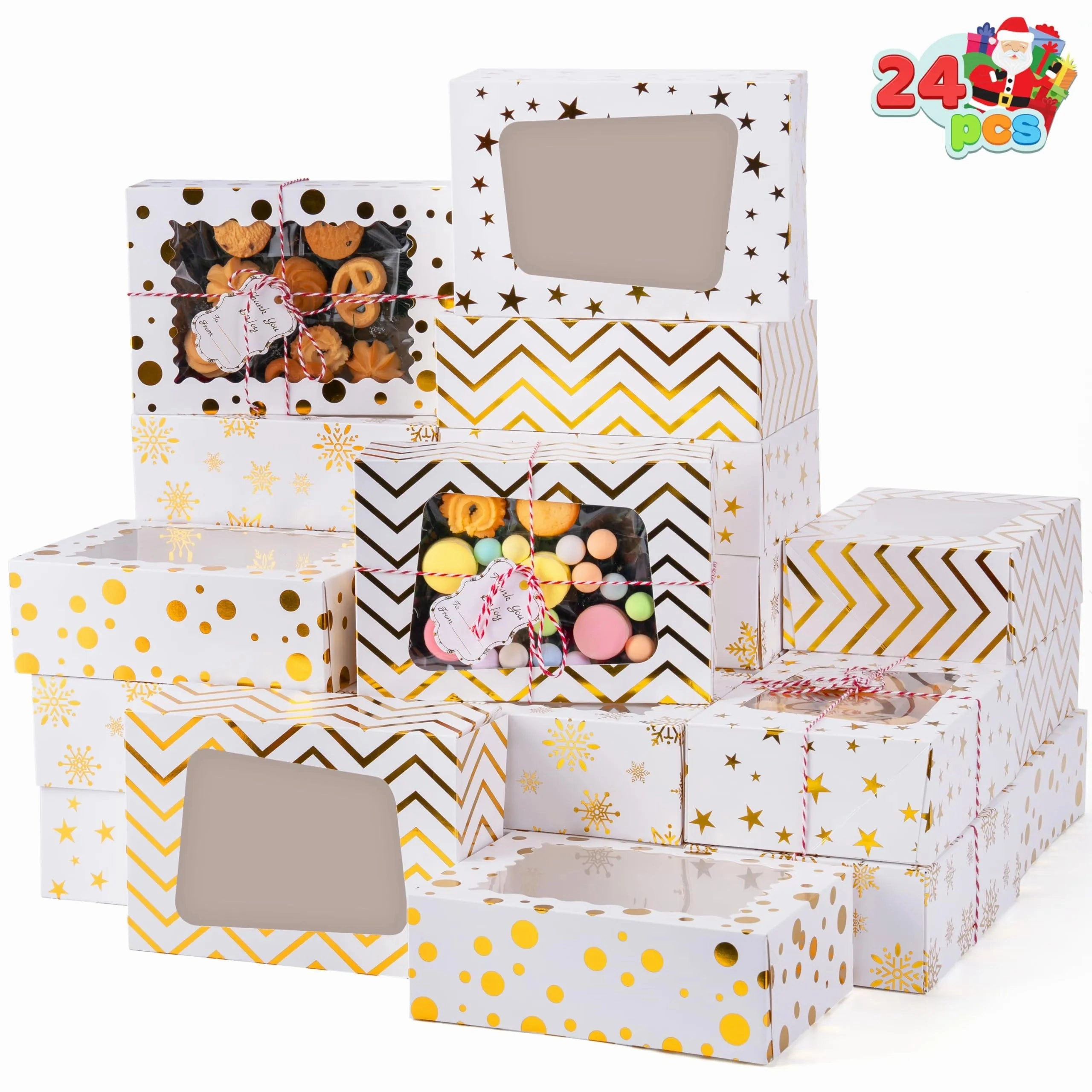 24 Pcs Christmas Cookie Boxes, Gold Foil Treat Boxes with Windows 9 "x 6.2" x 3 " Ghoulish Decorations Playful Displays