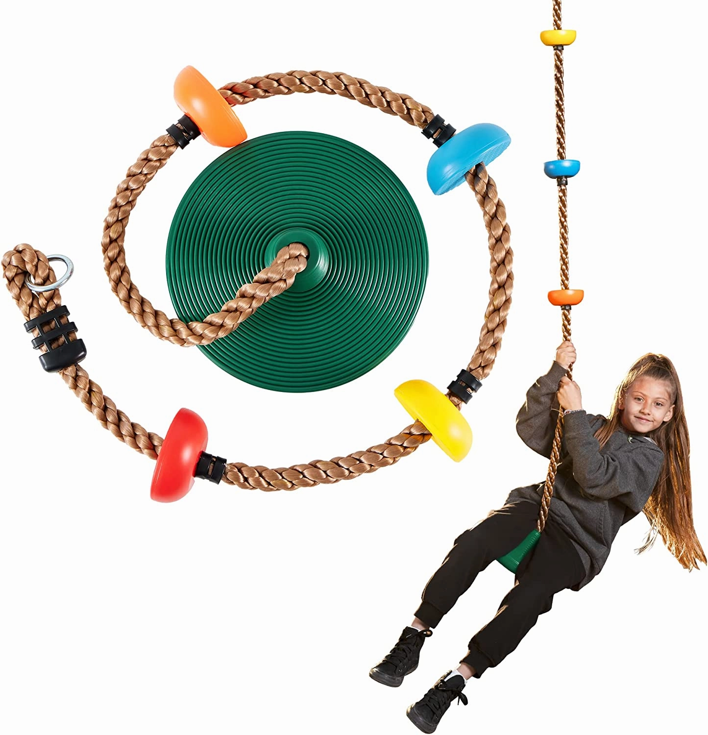 Skill Combination Green Climbing Rope Tree Swing with Platforms and Disc Swings Seat Educational Matching