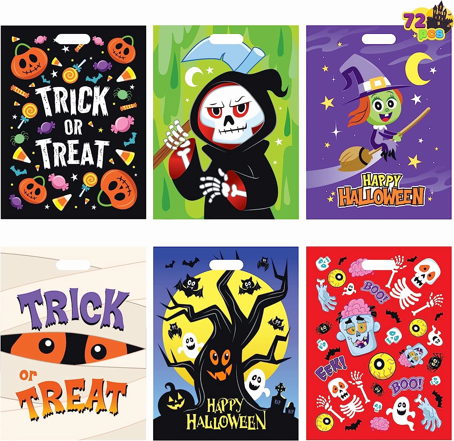 Monster Designs Halloween Character Themed Plastic Candy Bags, 72 Pcs