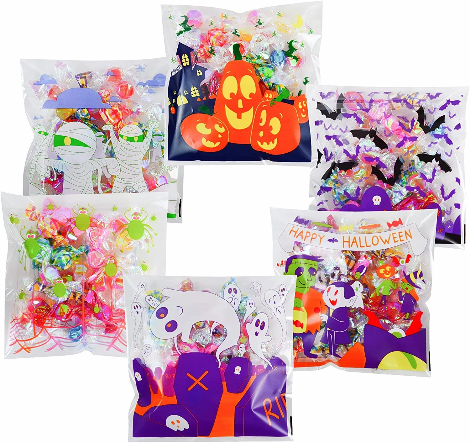 Halloween Clear Self-adhesive Candy Bags, 150 Pcs Creepy Decorations Wicked Accessories