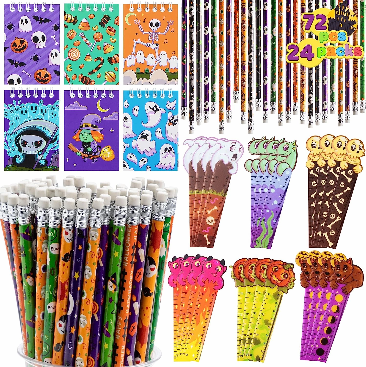 Mystical Props Ghoulish Designs Halloween Theme Pencil, Rulers and Notepad Set, 24 Pack