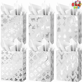 12 PCS Christmas Holiday Foil Silver Gift Bags 8in x4.5in x10.5in Eerie Treats Fantastic Props