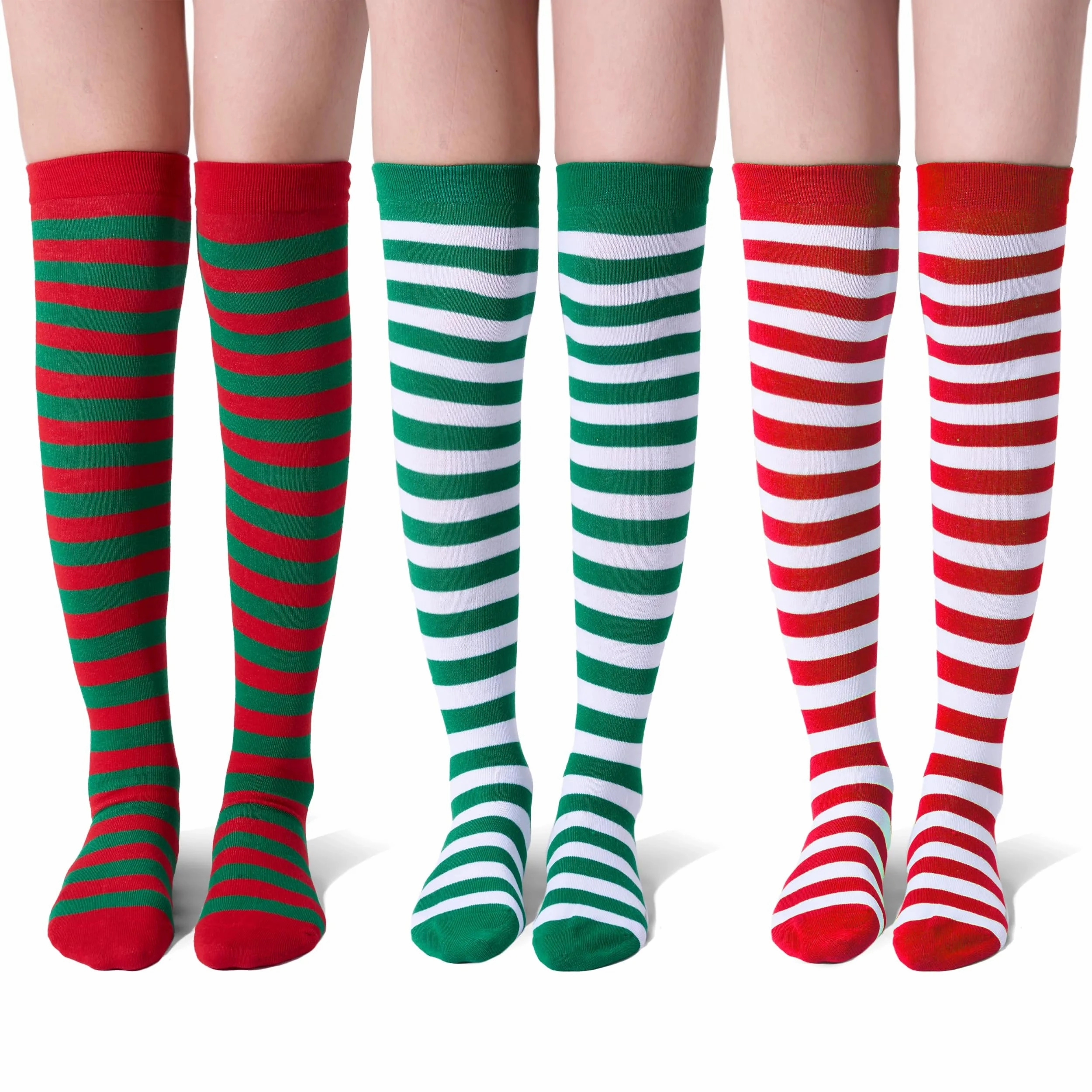 3 Pairs Women Striped Long Socks, Christmas Over Knee Socks, Elf Socks Ghoulish Props Enchanting Decorations