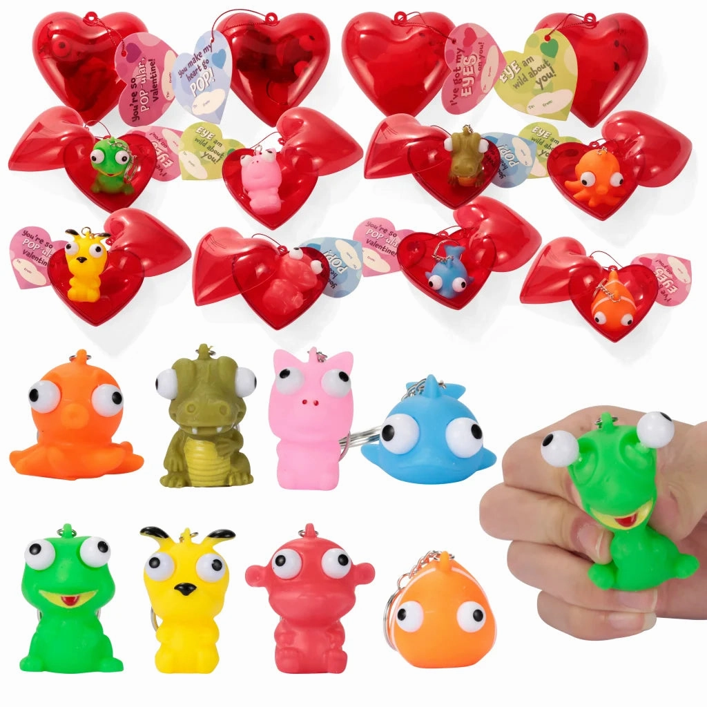 28Pcs Prefilled Hearts with push bubbleping Eyes Keychains and with Valentines Day Cards for Kids-Classroom Exchange Gifts sports practice Experiment Design