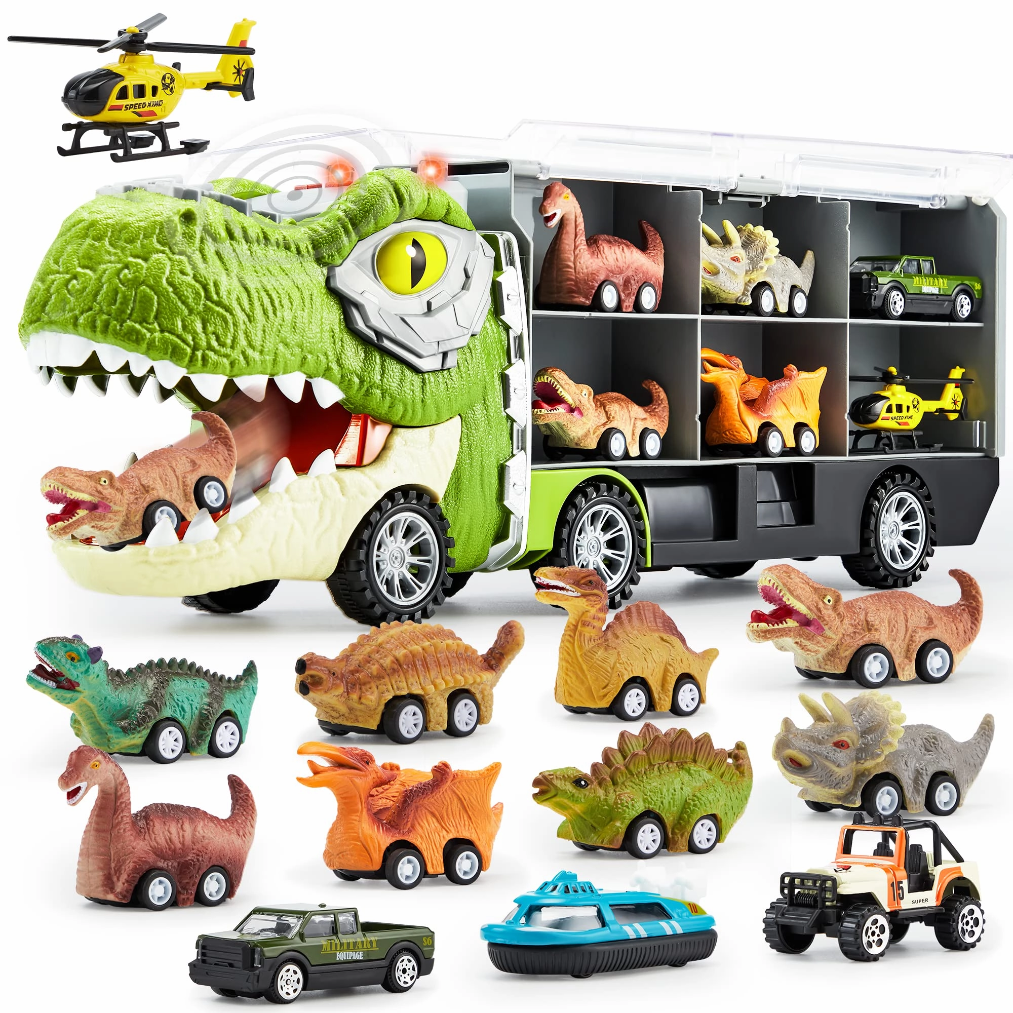 13Pcs Dinosaur Transport Carrier Truck with Mini Car Set Hidden Treasure Self Esteem