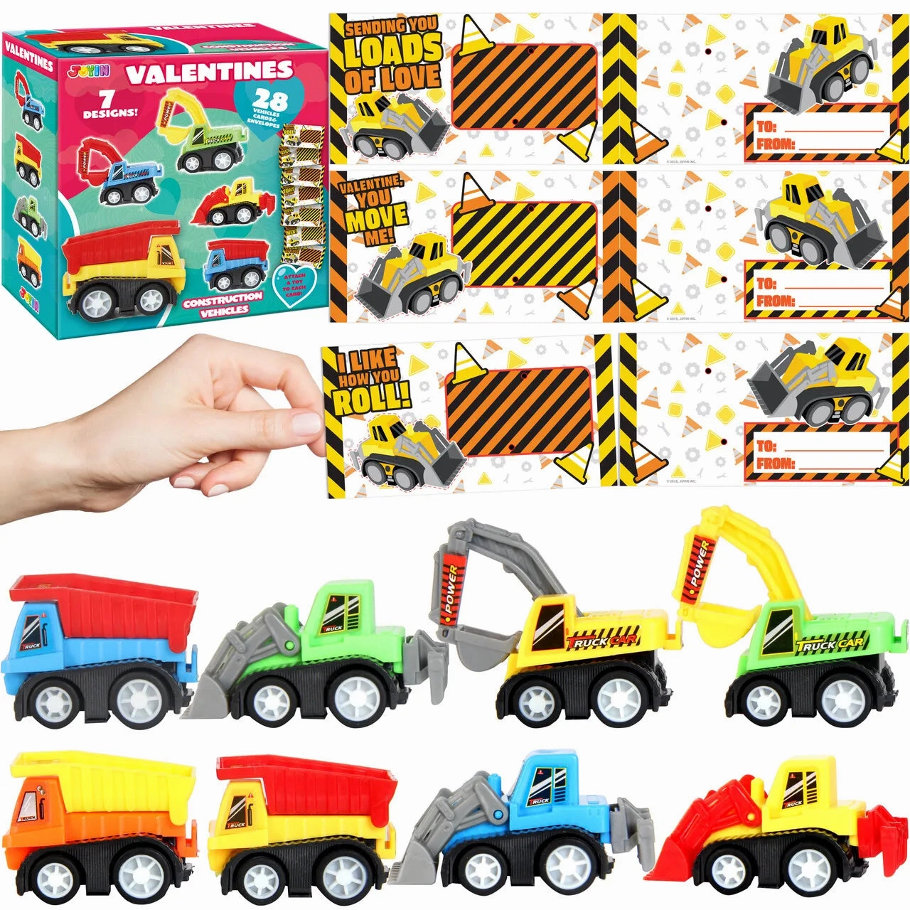 Mission Complete Ecology Study 28Pcs Mini Construction Vehicle Toy with Kids Valentines Cards for Classroom Exchange