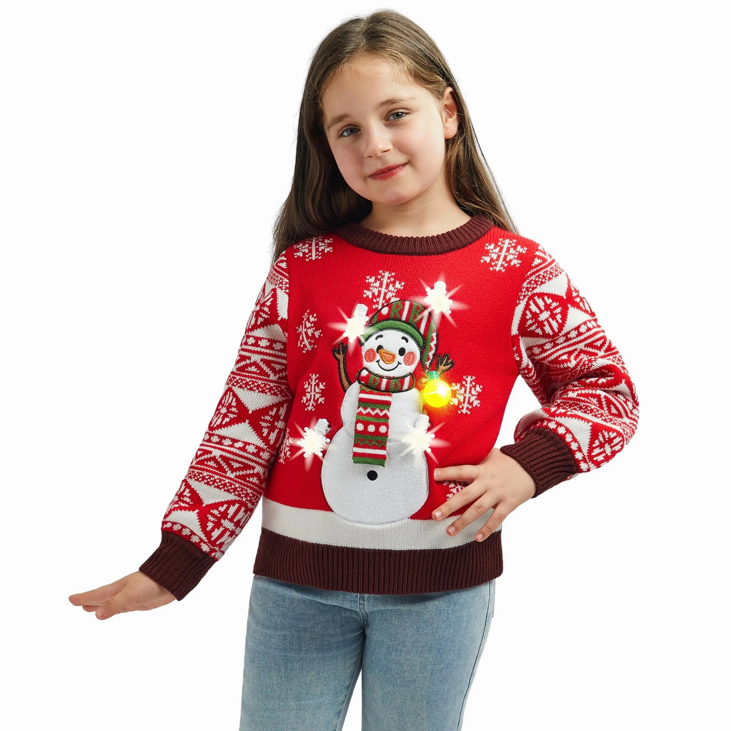 Kids Girls Snowman Red Ugly Sweater with Light Bulb Playful Decorations