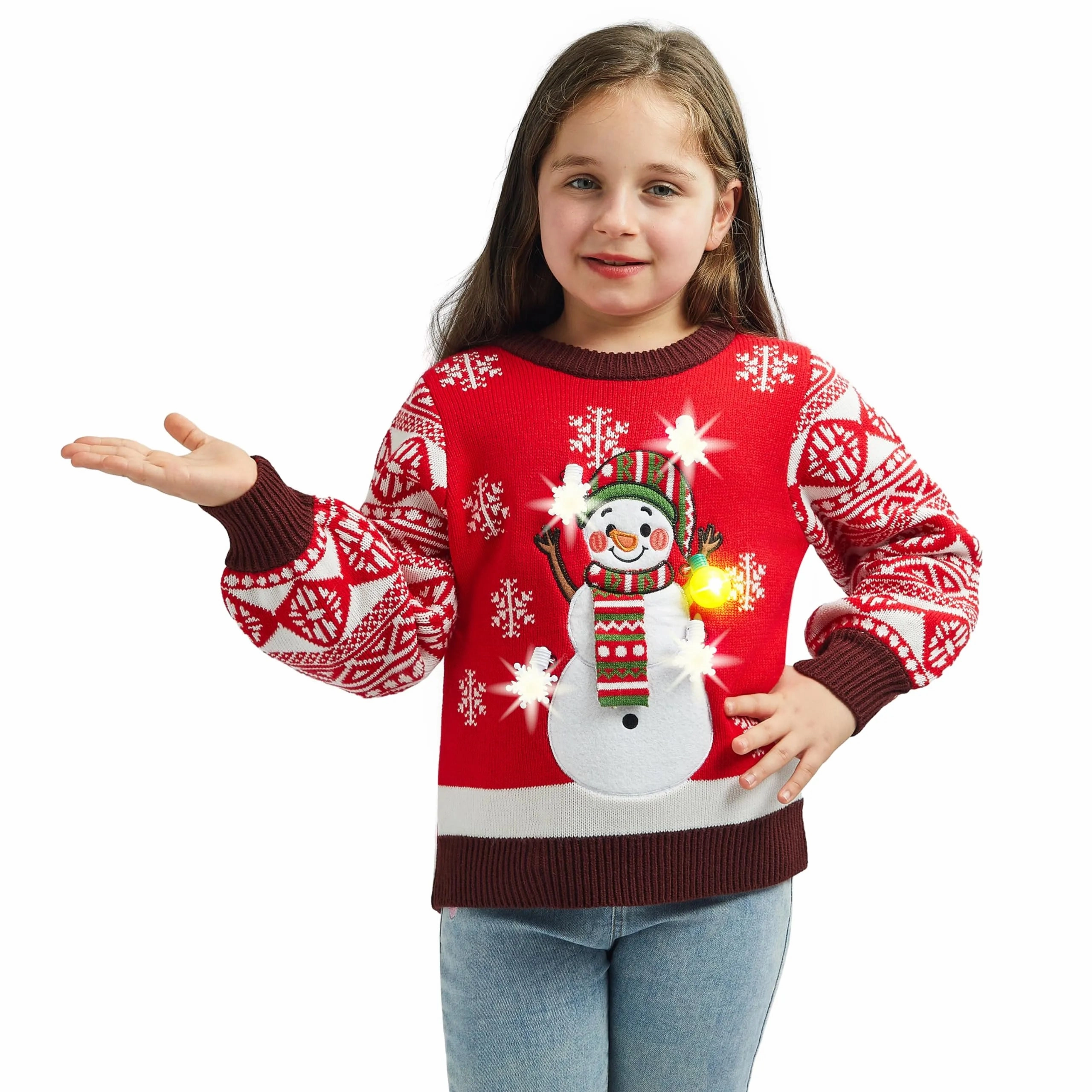 Kids Girls Snowman Red Ugly Sweater with Light Bulb Spooky Decorations Creepy Party