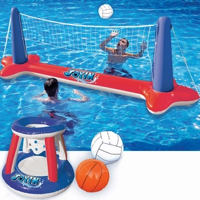 Weather Resistant Augmented reality SLOOSH - Inflatable Volleyball Net & Basketball Hoops Red & Blue Pool Float Set